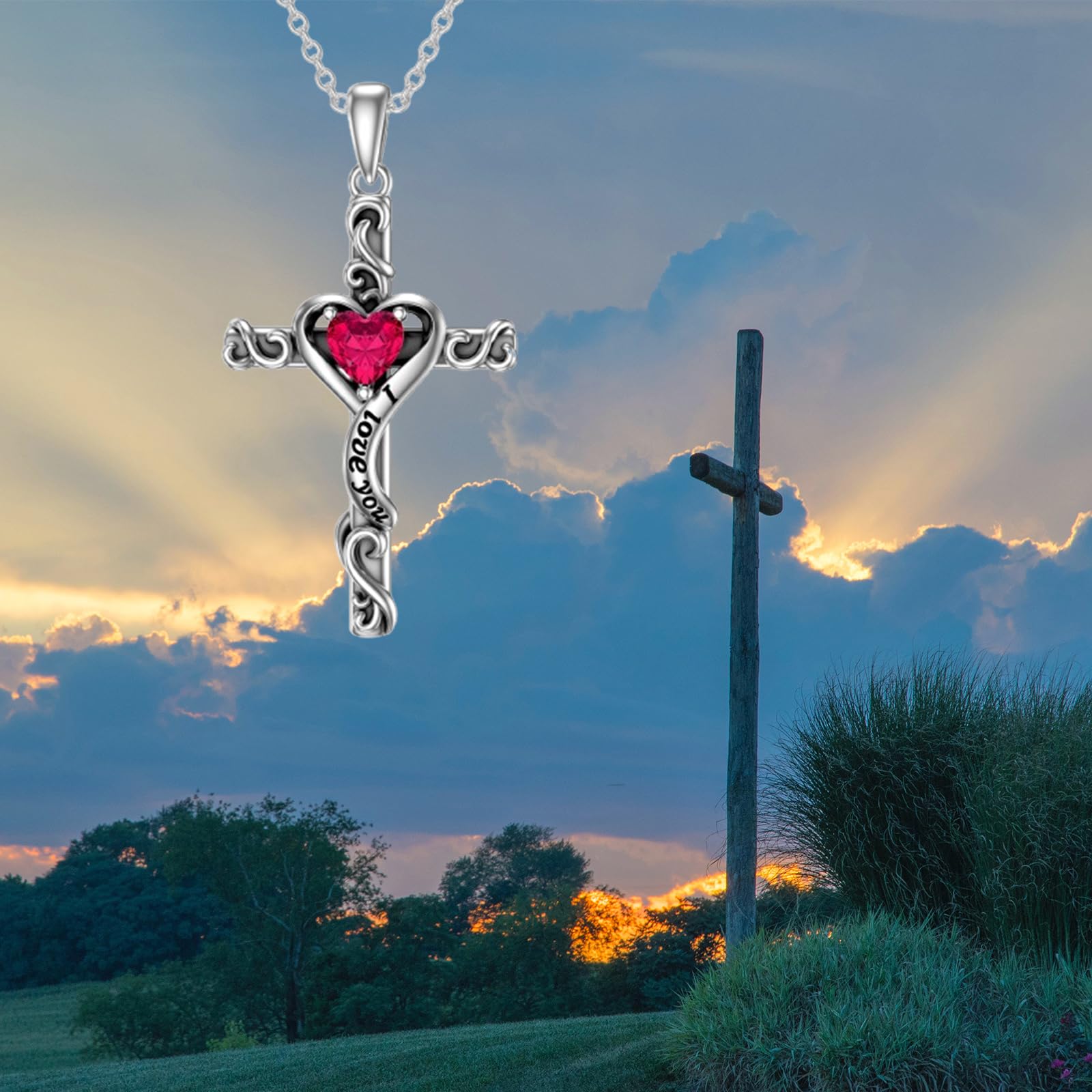 TOUPOP 925 Sterling Silver Birthstone Cross Necklace for Women - Heart Cross Pendant I Love You Jewelry, Perfect Anniversary & Birthday Gift for Mom, Wife, Daughter | Great for Weddings, Valentine's Day & Special Occasions