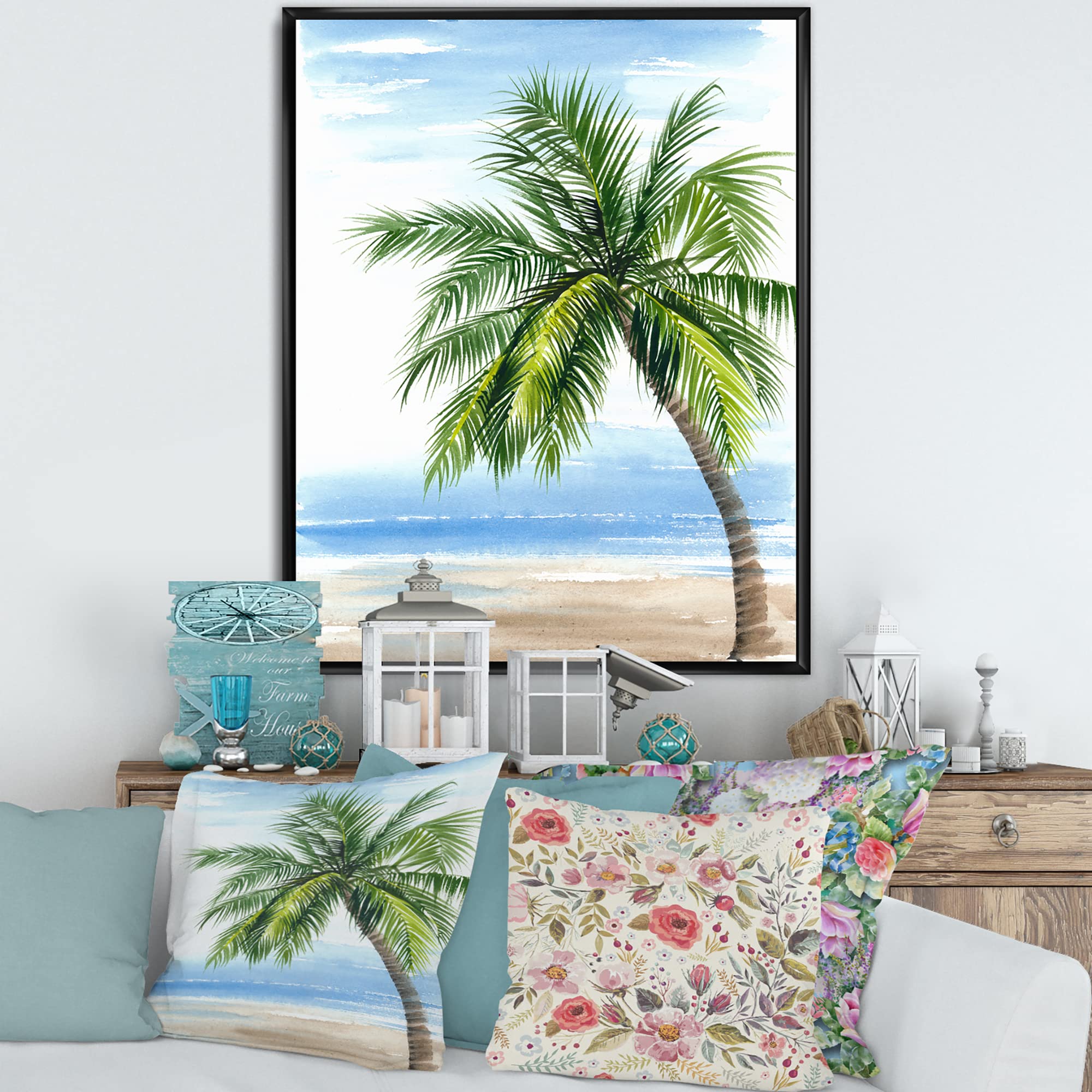 Palm Tree At The Beach Resort - Coastal Framed Canvas Wall Art Print | Tropical Beach Decor for Living Room, Bedroom & Office | Nautical Home Decor