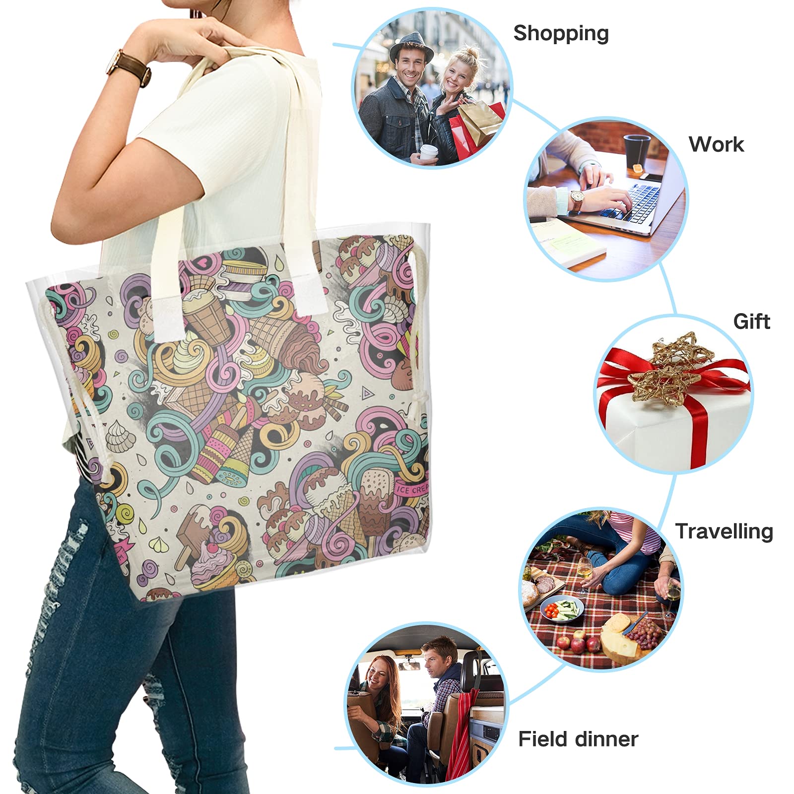 Hand Drawn Desserts Clear Tote Bags for Women - 2 in 1 Transparent Shoulder Bag & Shopping Beach Tote - See Through Canvas Handbag for Work, Casual, Party & Concert - Perfect for Grocery Shopping, Beach Outings & Music Festivals