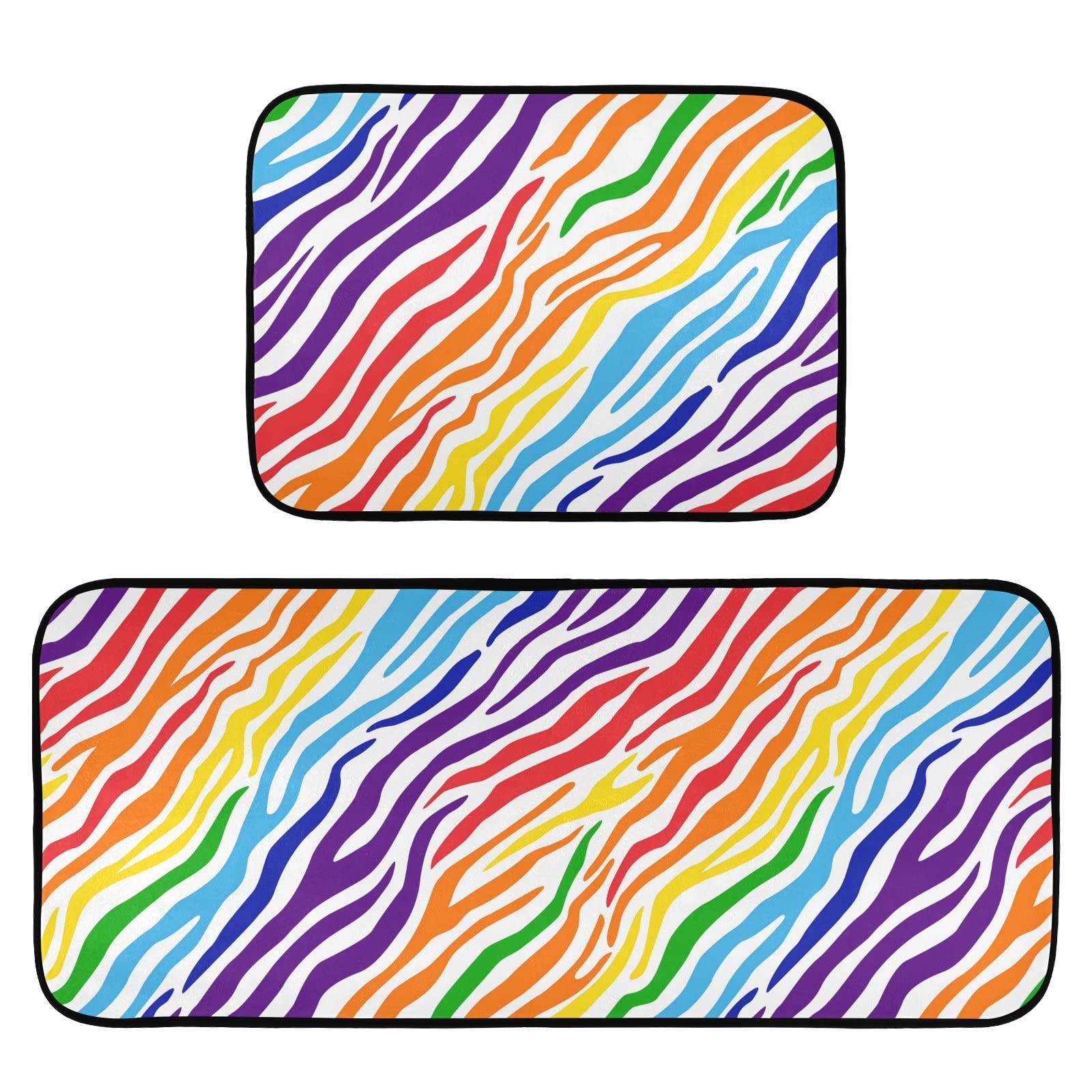 Non-Slip Washable Kitchen Mats & Bath Rugs 2-Piece Set - Cushioned Anti-Fatigue Floor Mat with Colorful Rainbow Zebra Print - Perfect for Kitchen, Bathroom & High-Traffic Areas