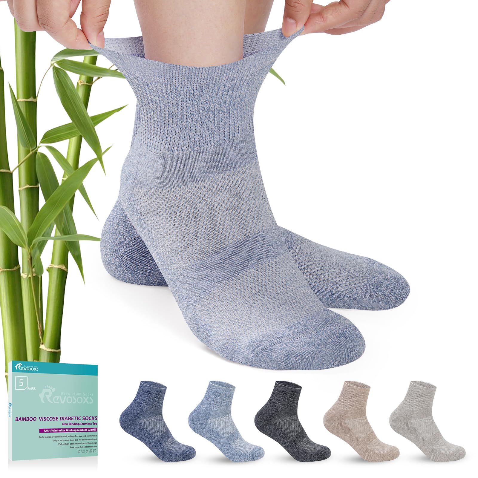 Diabetic Socks for Men & Women - 5 Pairs Bamboo Non-Binding Ankle Socks for Circulation & Comfort (Dark, Large) - Ideal for Diabetes, Neuropathy & Daily Wear