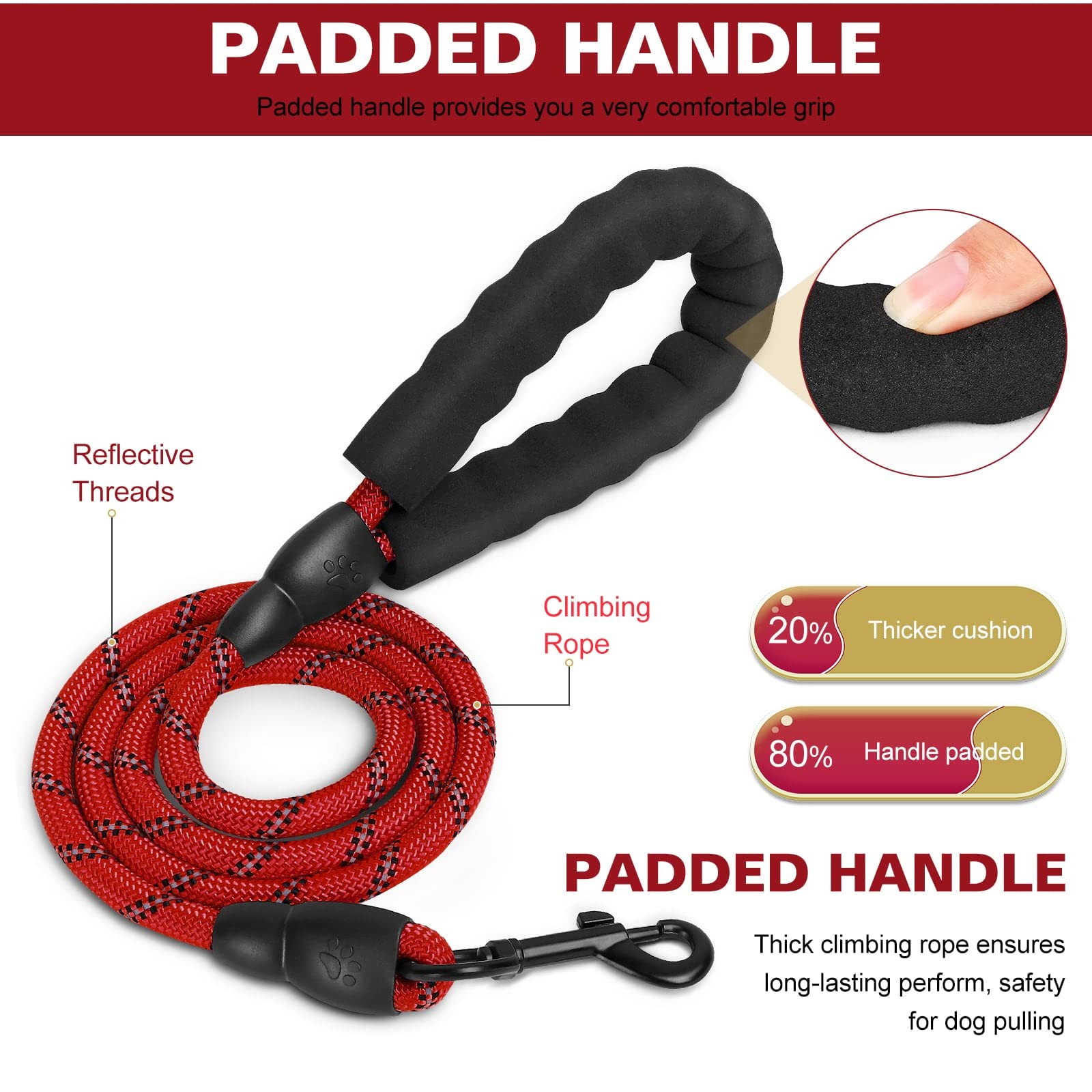 Heavy Duty Dog Leash with Comfortable Padded Handle & Reflective Threads - 5FT Strong Nylon Leash for Belgian Laekenois, Large Herding Dogs (Red) - Perfect for Night Walks, Training & Outdoor Adventures