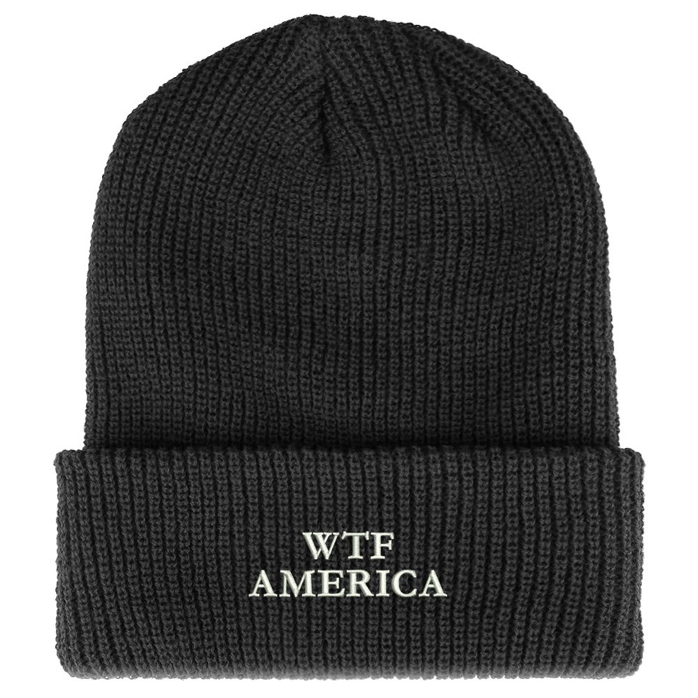 Trendy WTF America Embroidered Ribbed Cuff Knit Beanie Hat for Men & Women - Winter Warm Fleece Lined Skull Cap for Outdoor Activities, Snow Sports & Casual Fashion