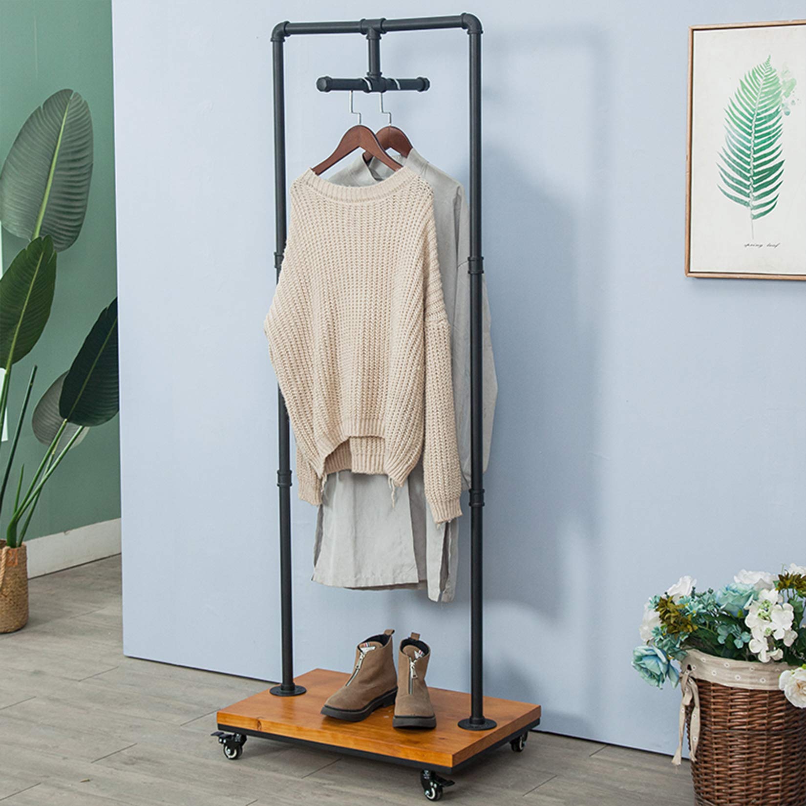 Heavy Duty Industrial Pipe and Wood Garment Rack - Metal Clothing Storage Shelves for Retail Stores, Floor Standing Display Rack with Pipeline Shelf Design - Perfect for Boutique, Closet Organization and Commercial Apparel Display (Black)