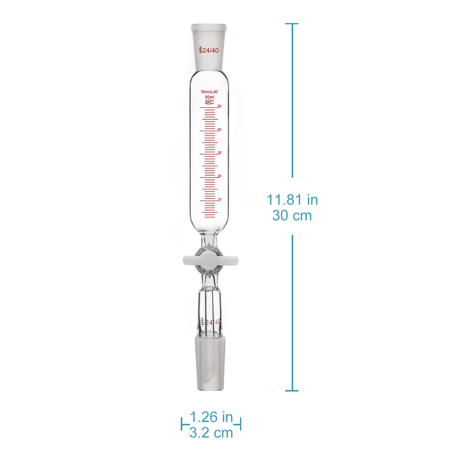Stonylab 50ml Borosilicate Glass Pressure Equalizing Addition Funnel with PTFE Stopcock & 24/40 Joint - Graduated Dropping Funnel for Precise Liquid Transfer in Chemistry Labs, Essential for Distillation, Titration & Organic Synthesis Experiments