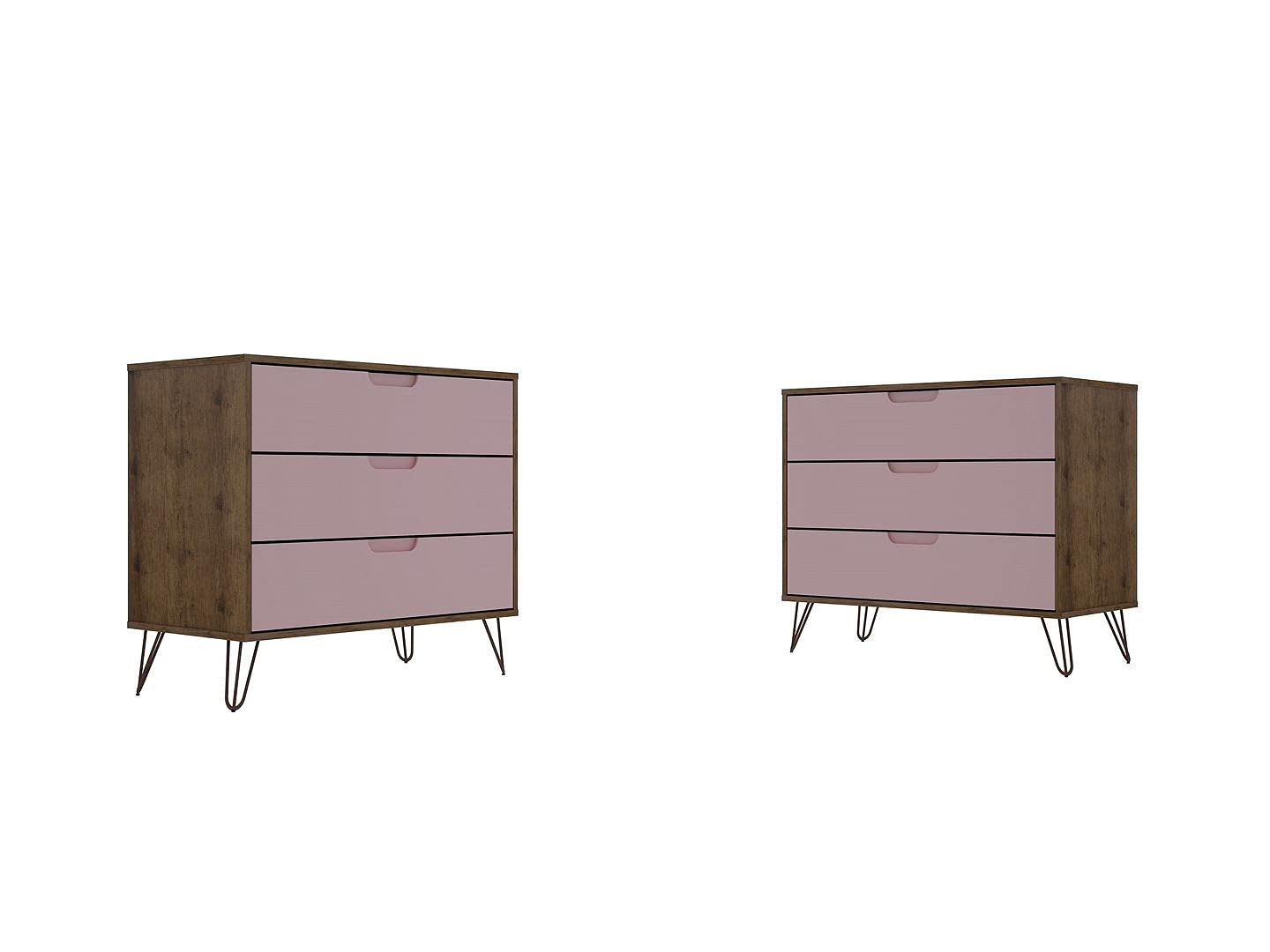 Mid Century Modern 3-Drawer Dresser Set of 2 - Pink Bedroom Furniture for Girls & Teens | Vintage Inspired Storage Solution for Bedroom, Nursery or Dorm Room