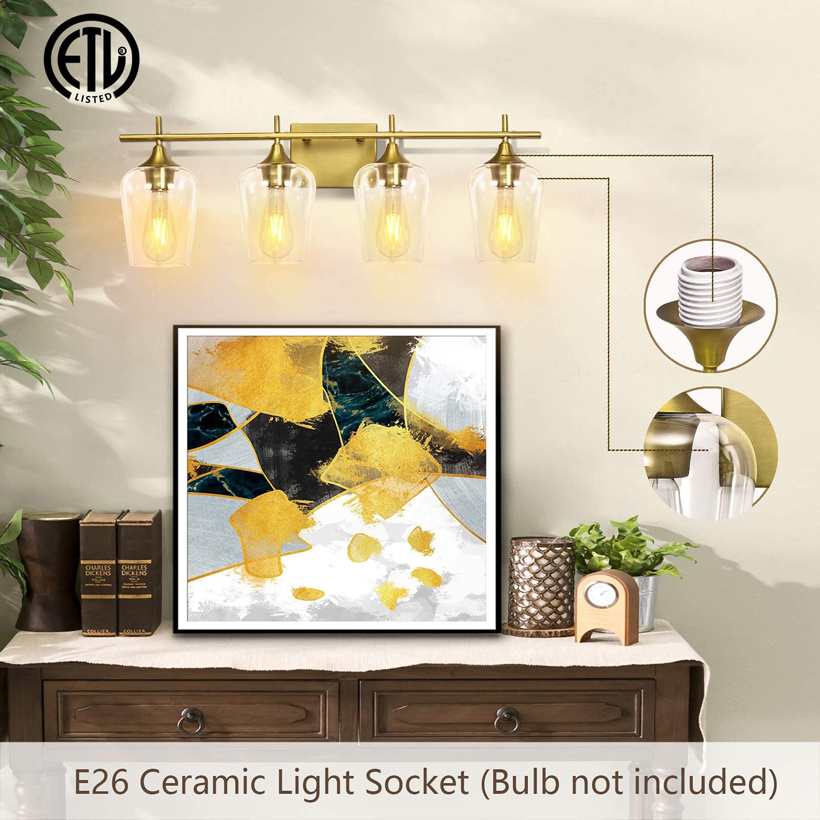 4-Light Bathroom Vanity Light Fixture - Bronze Brass Wall Sconce with Glass Shade - Over Mirror Lighting for Bathroom, Living Room, Bedroom & Dressing Area - Perfect for Modern Home Decor & Vanity Makeup Lighting
