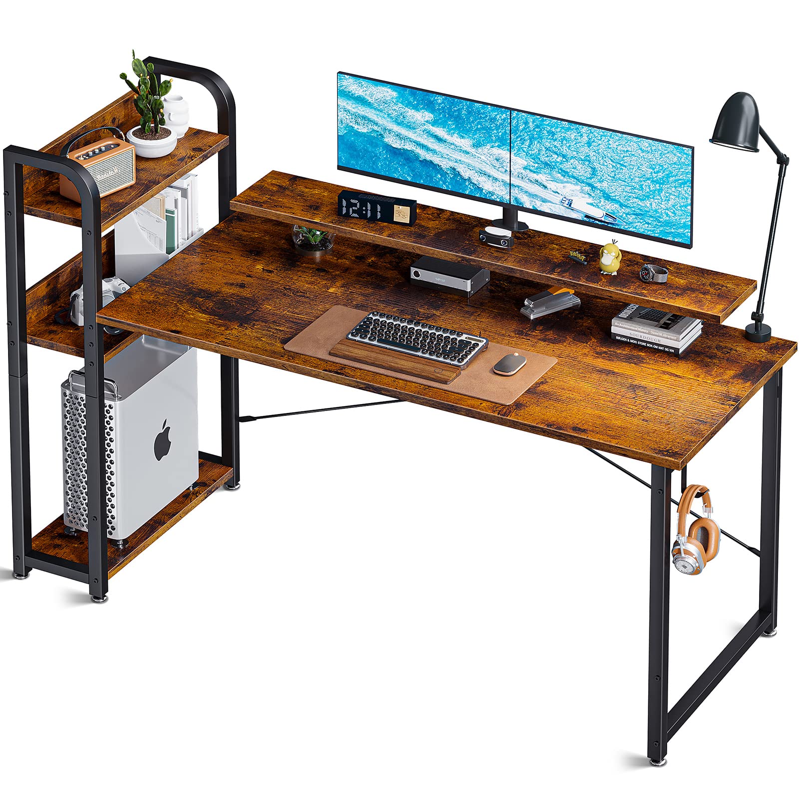55 Inch ODK Computer Desk with Storage Shelves & Monitor Stand - Rustic Brown Writing Desk with Bookshelf, Reversible Study Table for Home Office, Small Space Bedroom - Perfect for Remote Work, Gaming Setup & Dorm Room Organization