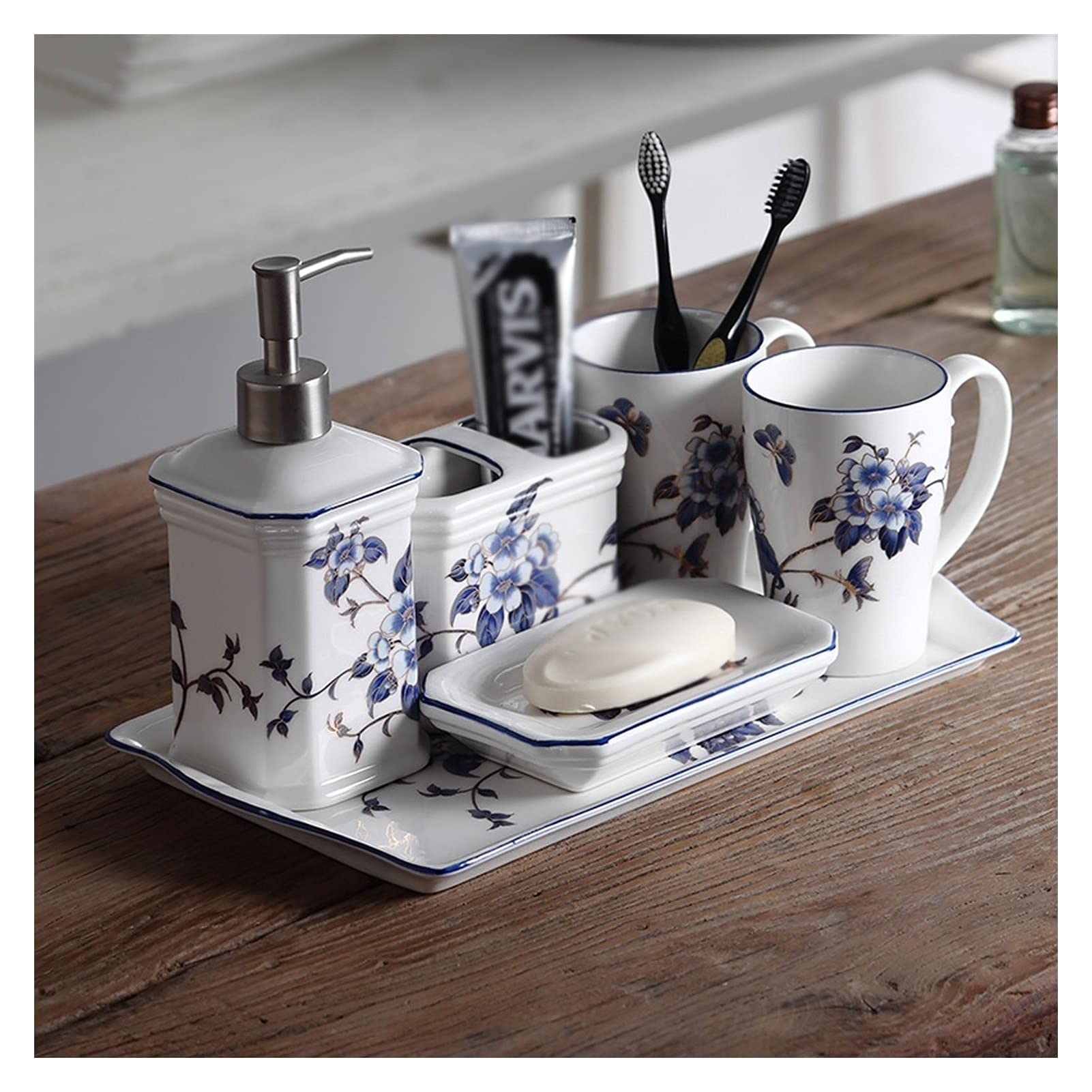 SHIJIE1701AA Blue Floral Ceramic Soap Dispenser Set with Tray - 6-Piece Bathroom & Kitchen Accessories for Home & Hotel Use | Perfect for Countertop Organization in Bathrooms, Kitchens, and Guest Rooms