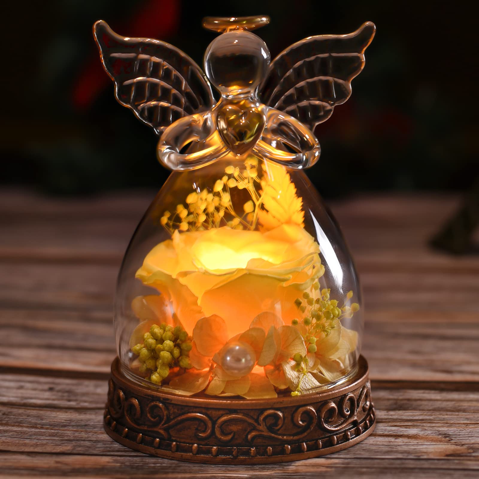 Preserved Real Rose in Glass Angel Figurine with LED Light - Eternal Flower Gift for Women, Mom, Grandma | Perfect for Mother's Day, Christmas, Birthday, Anniversary & Home Decor (Yellow)