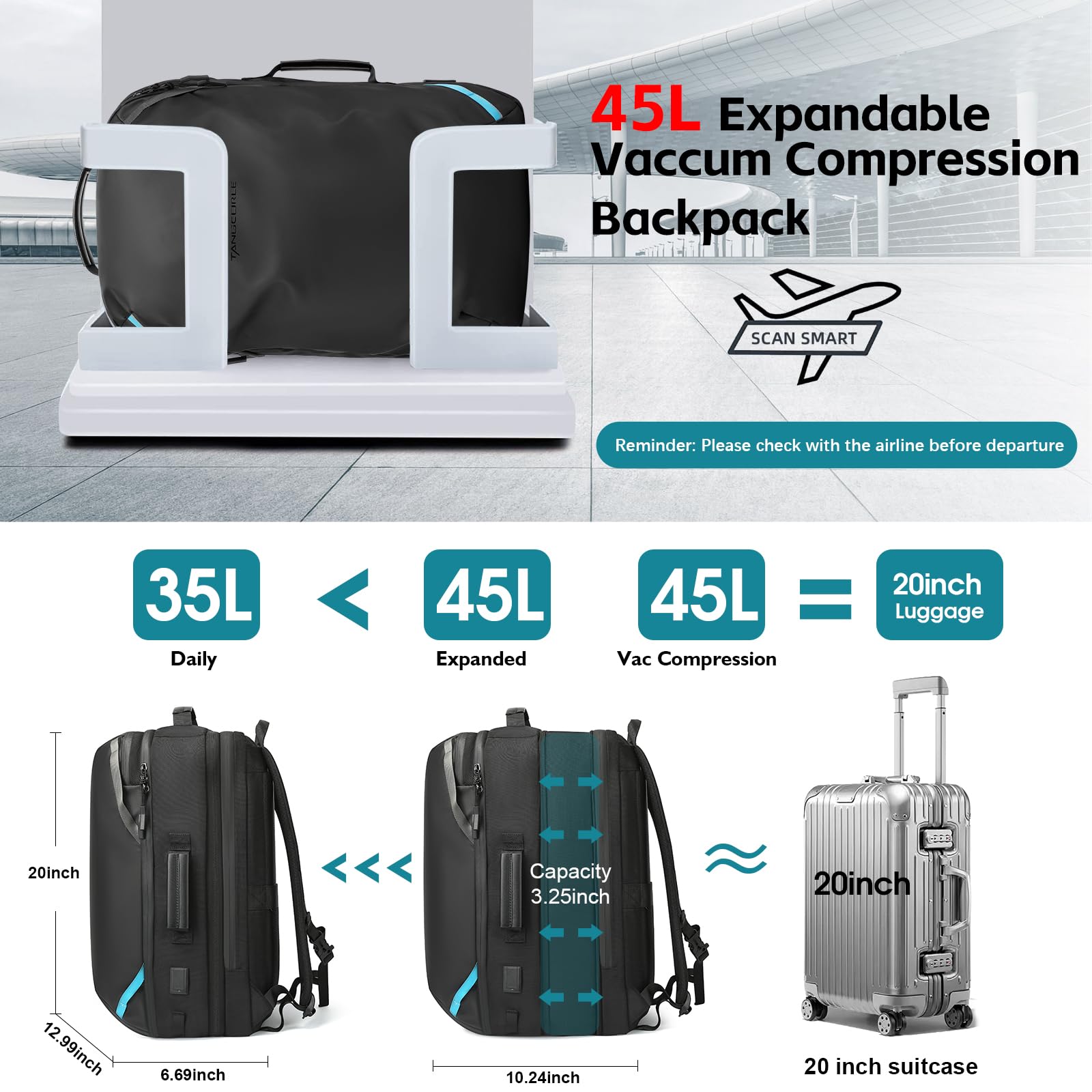 Vacuum Compression Backpack with Pump - 45L Expandable Travel Backpack for Men & Women | Water Resistant 17.3