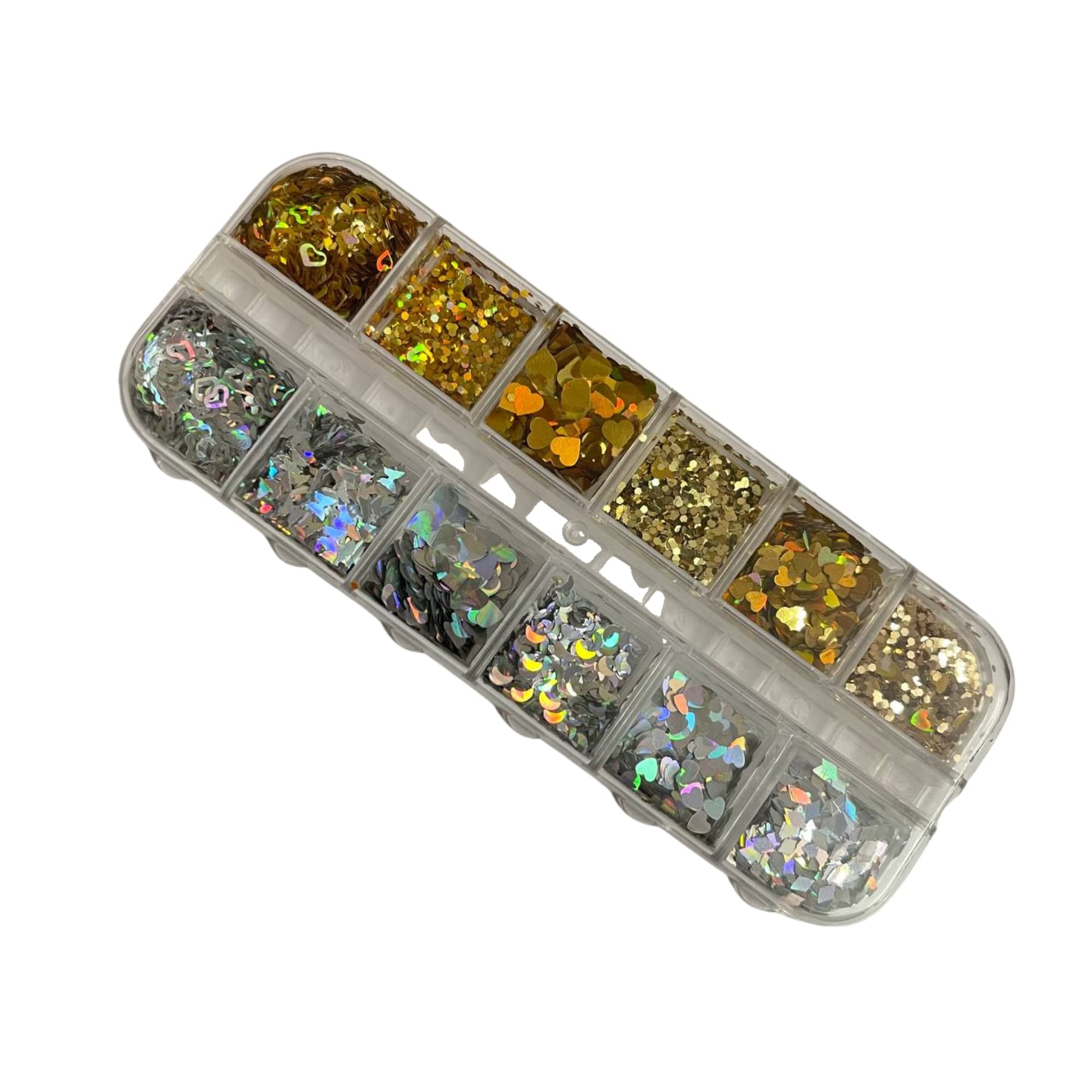 Holographic Nail Sequins Glitter Flakes Kit - Gold & Silver Laser Paillettes for Nail Art Decorations, Gel Polish Manicure - Perfect for DIY Nail Designs, Salon Use, and Party Glam Looks