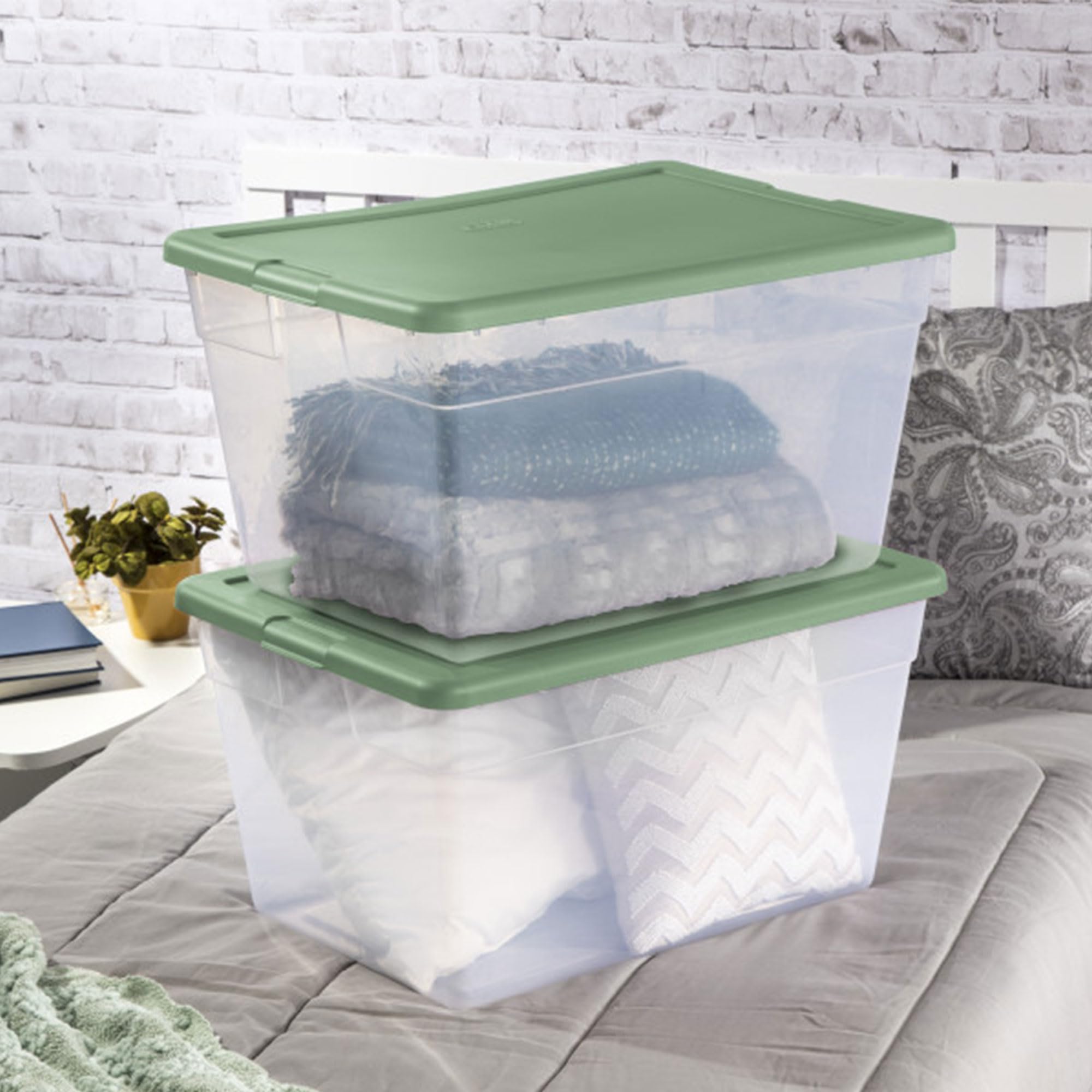 Sterilite 24-Pack Clear Plastic Storage Bins with Lids - Stackable Organizer Containers for Home, Office & Closet - Crisp Green Color - Perfect for Organizing Toys, Clothes & Seasonal Items