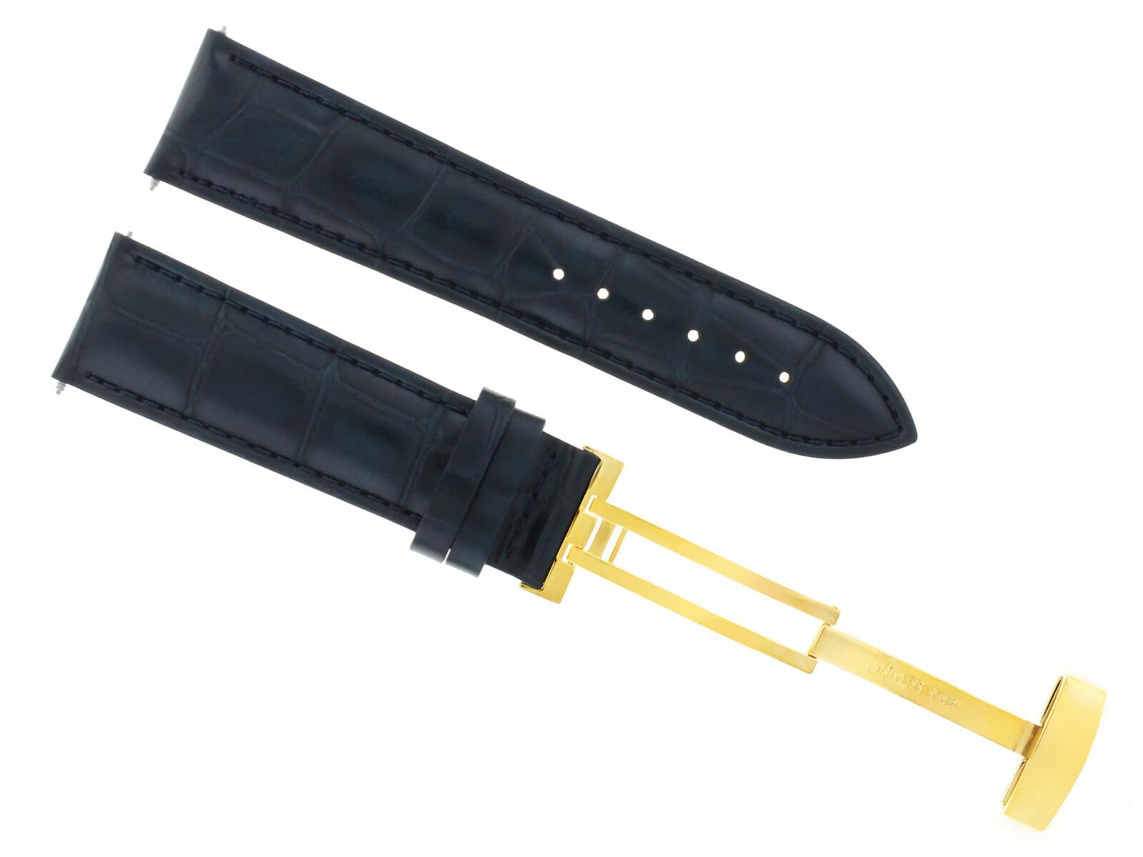 18mm Genuine Leather Watch Band Strap with Deployment Clasp - Dark Blue & Gold - Compatible with Omega Watches | Replacement Strap for Dress Watches, Business & Formal Occasions