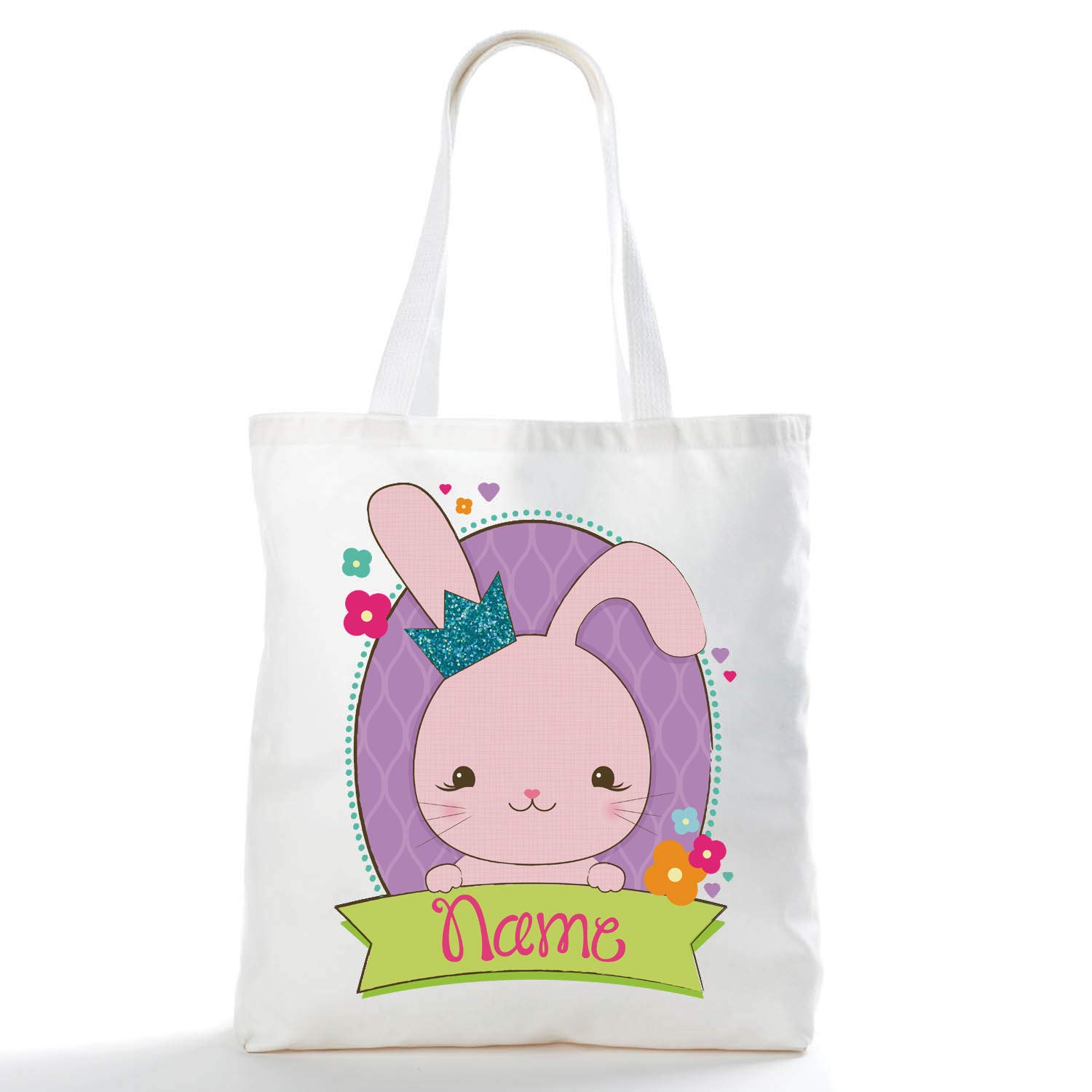 Personalized Pink Bunny with Sparkle Crown Canvas Tote Bag - Custom Name Printed in Hot Pink & Floral Design - 15.5x18 Inches - Perfect for Books, Toys, Candy Storage & Girls' Gift Ideas