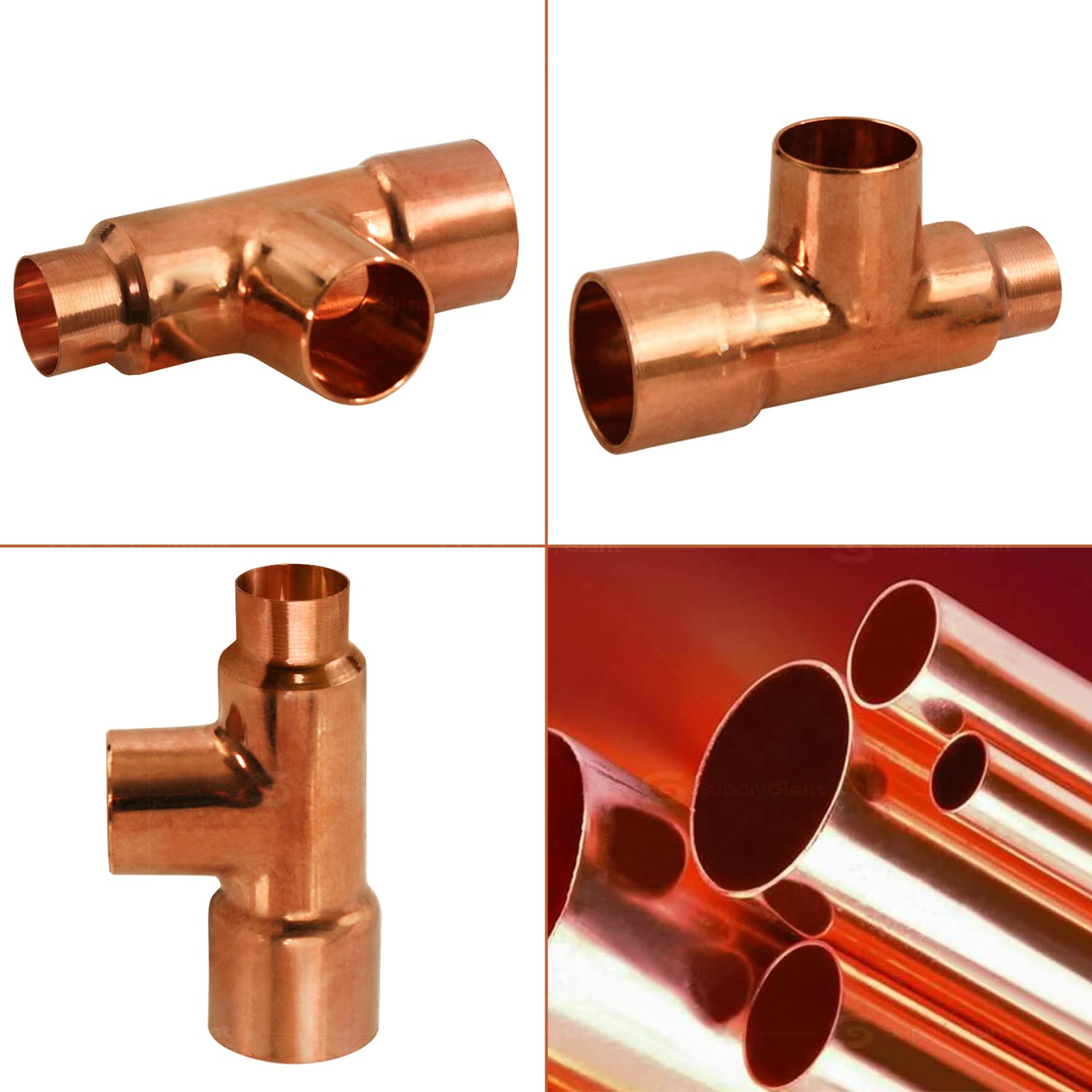 5 Pack DDSU1512-5 Reducing Tee Copper Fittings with Sweat Ends, 1-1/2