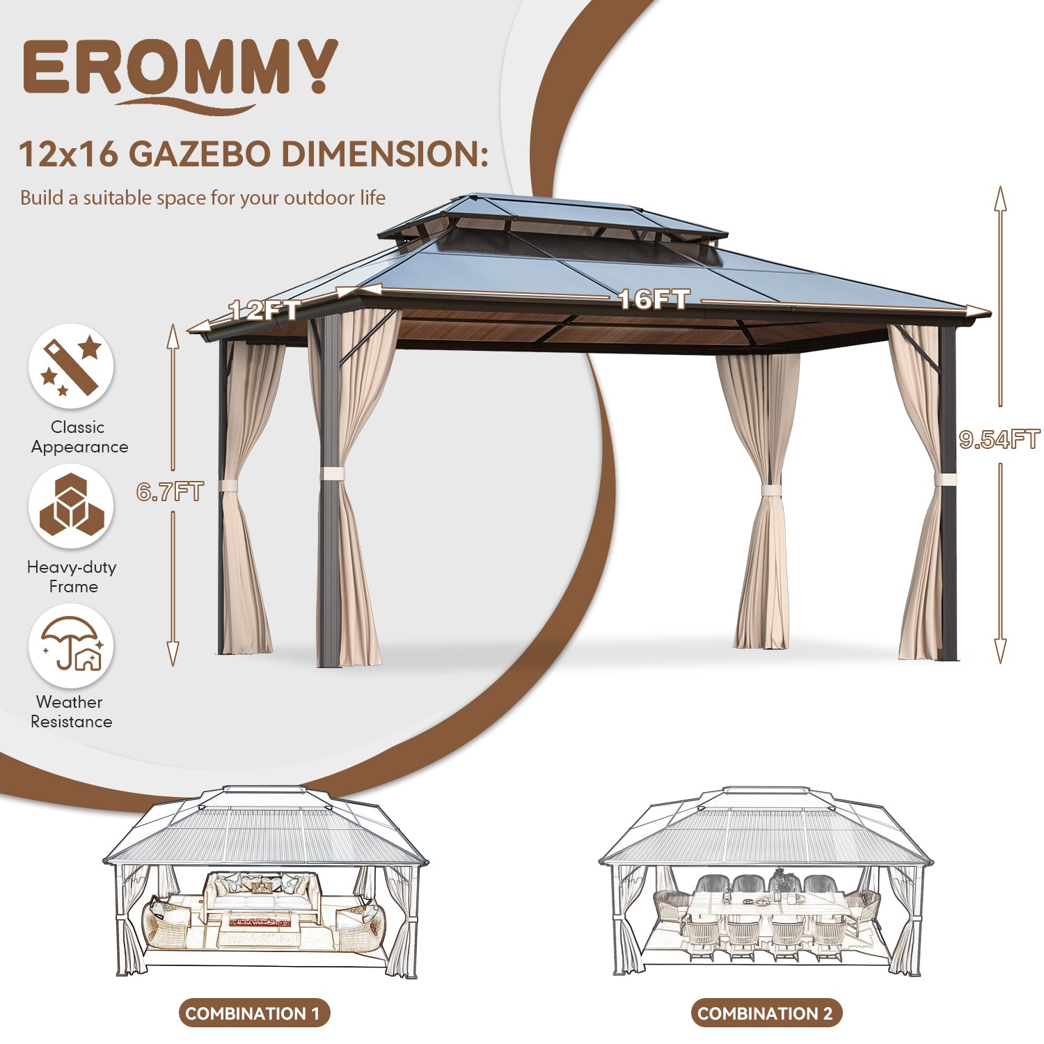 EROMMY 12' x 16' Hardtop Gazebo with Polycarbonate Double Roof, Netting & Curtains - Perfect for Outdoor Patio, Garden, and Backyard Relaxation