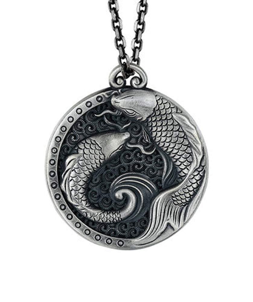 S925 Sterling Silver Double Koi Fish Pendant Necklace - Vintage Hip Hop Punk Street Style Unisex Sweater Chain - Lucky Couple Gift Jewelry for Men & Women - Perfect for Casual Wear, Date Nights & Special Occasions (Silver Chain)