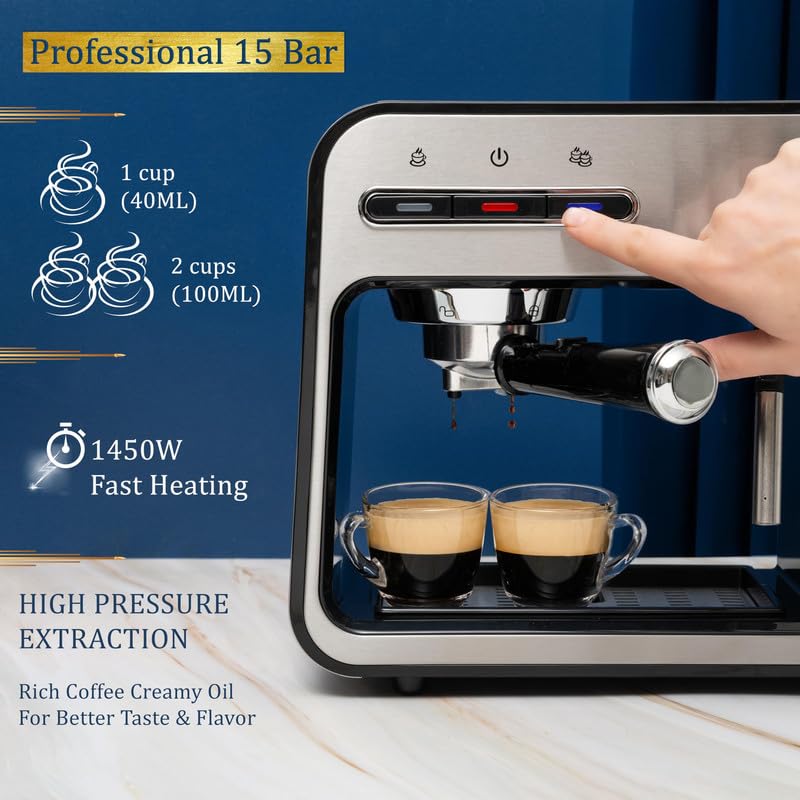 Mixpresso 15 Bar Professional Espresso Machine with Milk Frother - Fast Heating 1450W Coffee Maker for Home, Double Cup Splitter & 37Oz Water Tank - Perfect for Making Cappuccino, Latte & Espresso Drinks
