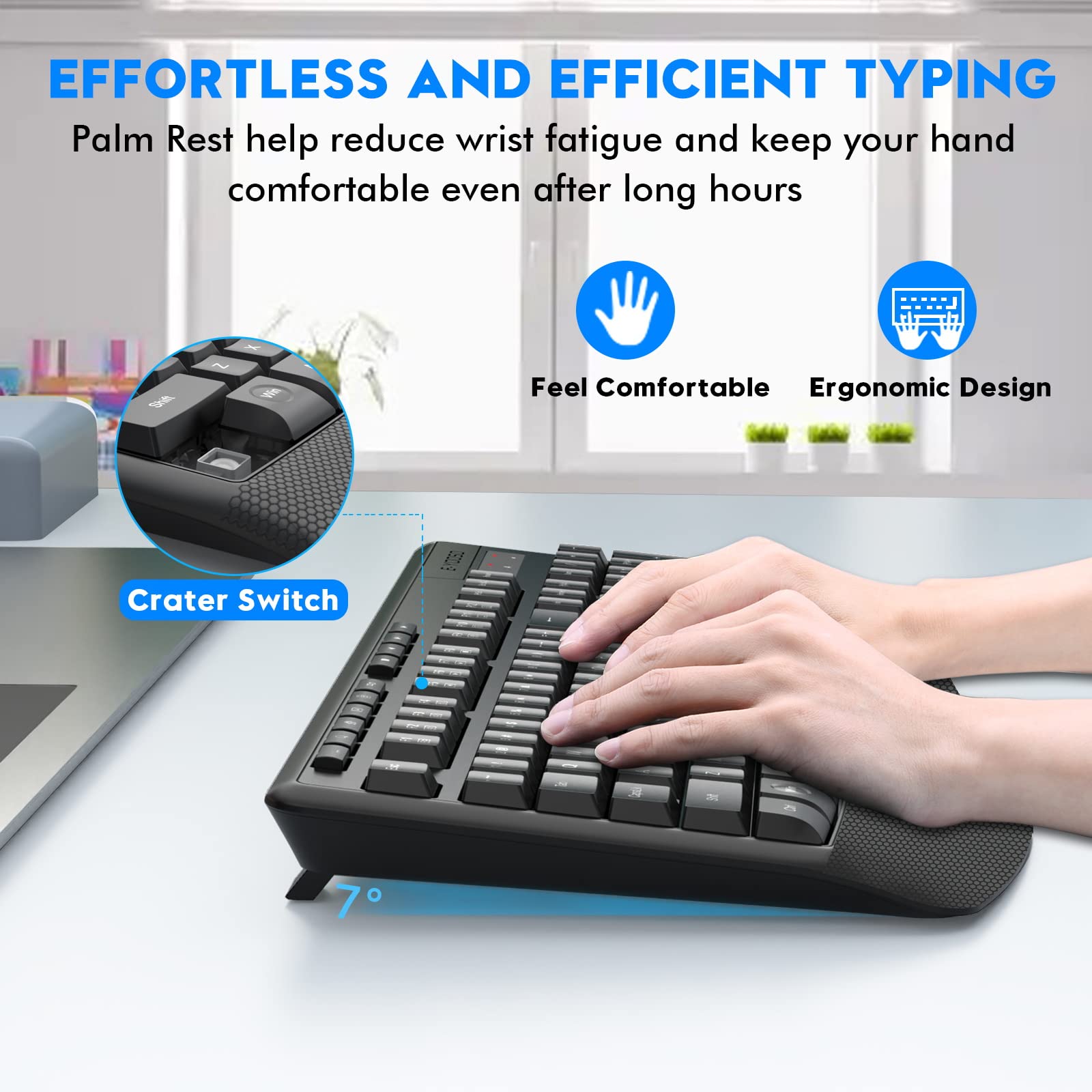 E-YOOSO 2.4GHz Wireless Keyboard and Mouse Combo - Ergonomic Full-Size Keyboard with Wrist Rest & 6-Button Cordless Mouse (3 DPI Adjustable) for PC, Laptop, Windows - Perfect for Office Work, Gaming, and Home Computing (Black)