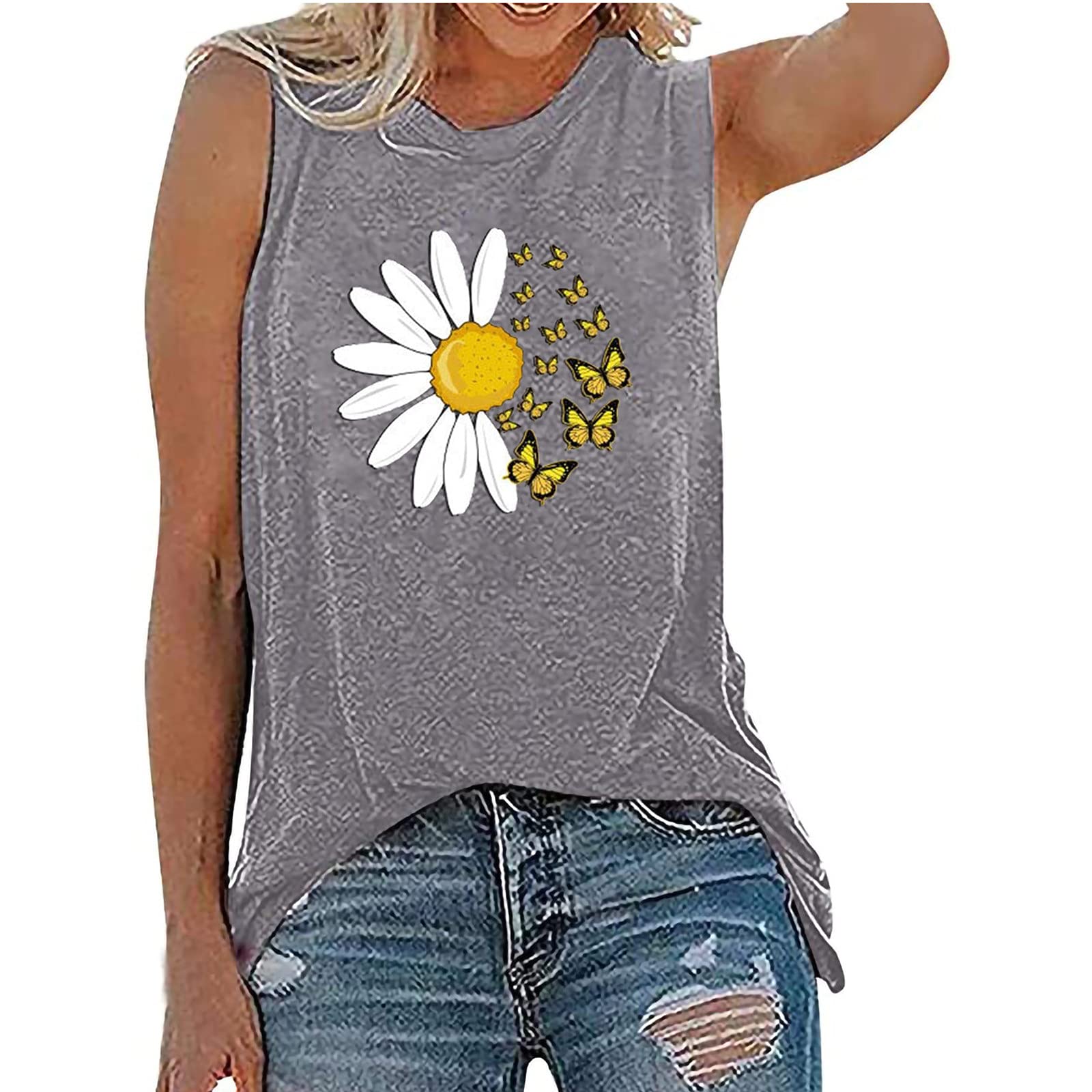 Wirziis Women's Sleeveless Tank Tops - Crew Neck Printed Casual Loose Vest Tops in Black & Gray | Summer Workout, Yoga, Beachwear & Everyday Comfort