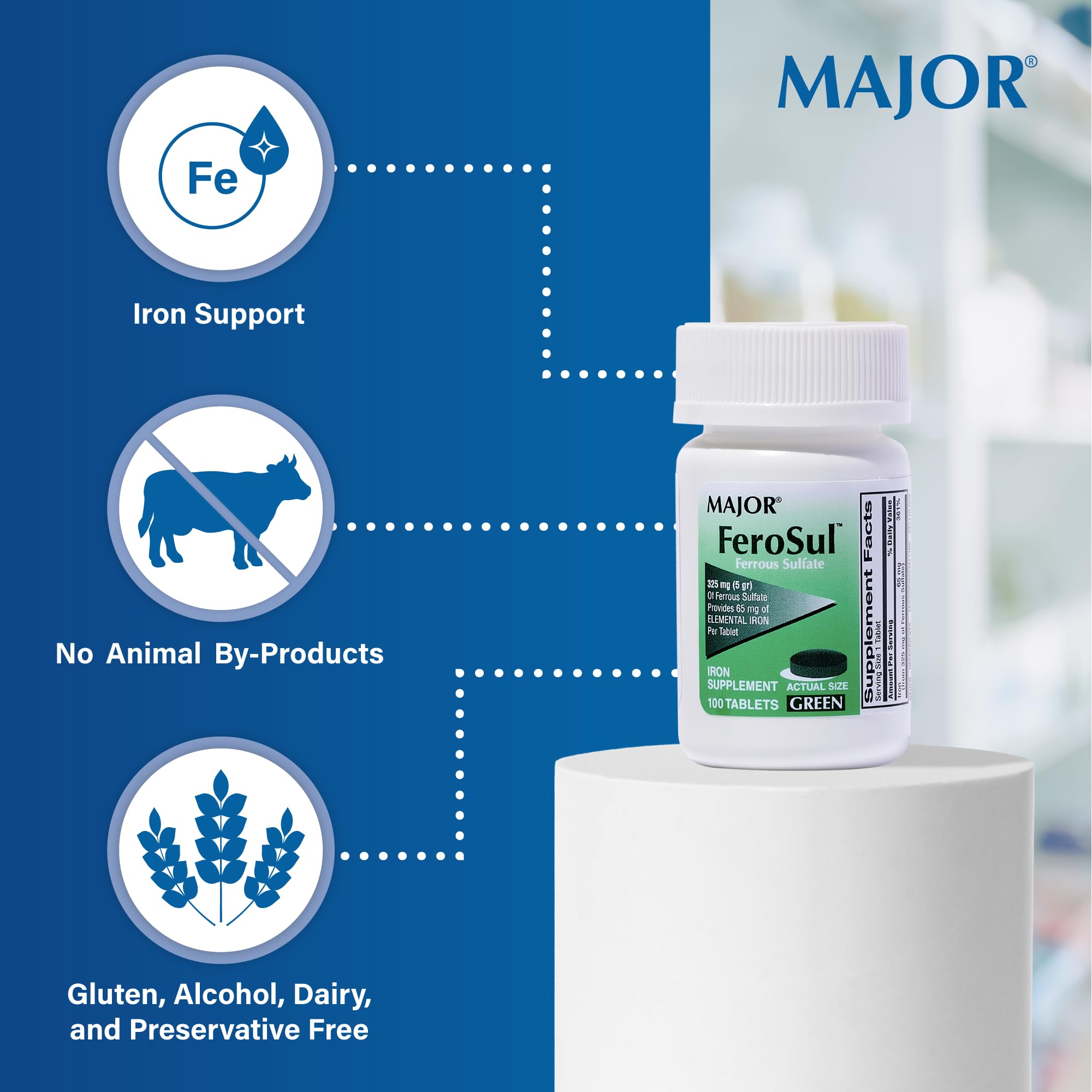 Major Ferosul - Ferrous Sulfate 325mg Tablets with 65mg Elemental Iron - Premium Iron Supplement for Women & Men - Supports Energy & Red Blood Cell Production - 100 Tablets (3 Pack) - Ideal for Anemia Prevention & Fatigue Relief