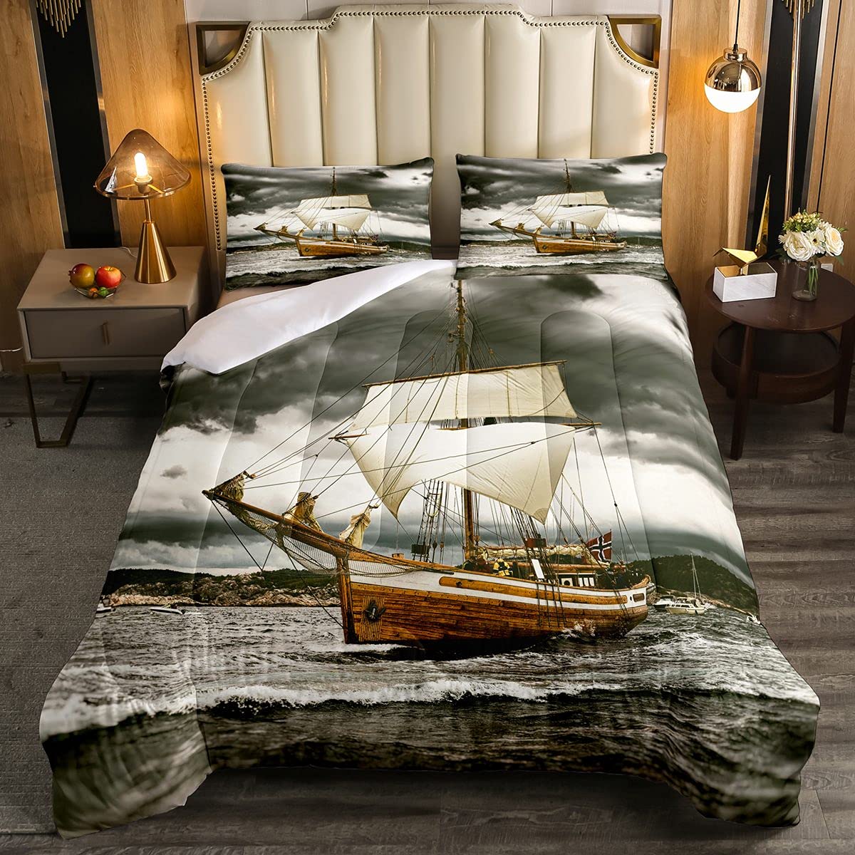 Erosebridal Sailboat Comforter Set - Ocean Nautical Down Alternative Bedding with Wooden Sailing Ship Design, Dark Clouds & Islands Adventure Yacht Theme - 3 Piece Queen Size Quilt Set for Kids & Boys Bedrooms | Perfect for Nautical Themed Bedrooms, Coastal Decor & Adventure Loving Kids