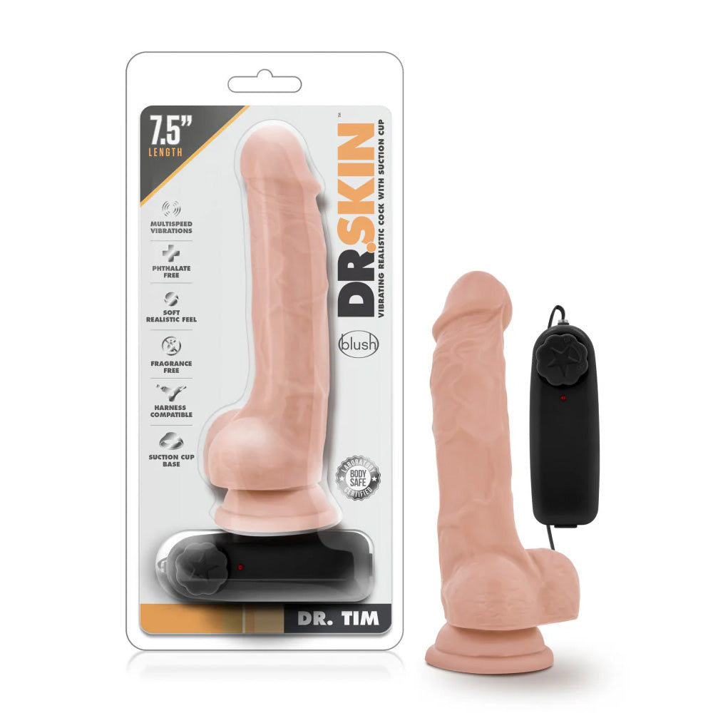 Dr. Skin Dr. Tim Realistic 7.5 Inch Vibrating PVC Dildo - Adult Sex Toy for Couples & Solo Play, Waterproof & Body-Safe for Bedroom Fun