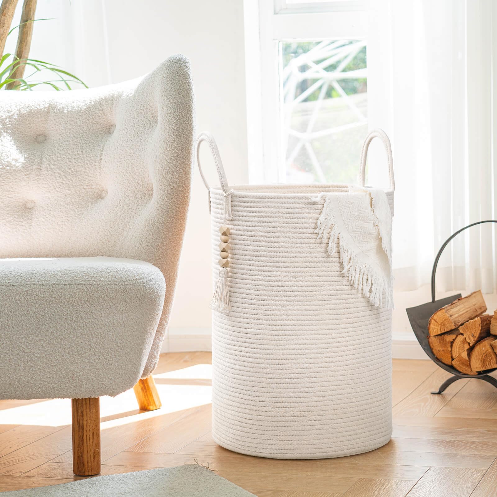 Goodpick White Laundry Basket with Handles - Large Woven Clothes Hamper for Laundry, Towels, Blankets, Toys | Organizer for Bedroom, Living Room, Nursery | 16 x 20 Inch Storage Basket for Home & Playroom Organization