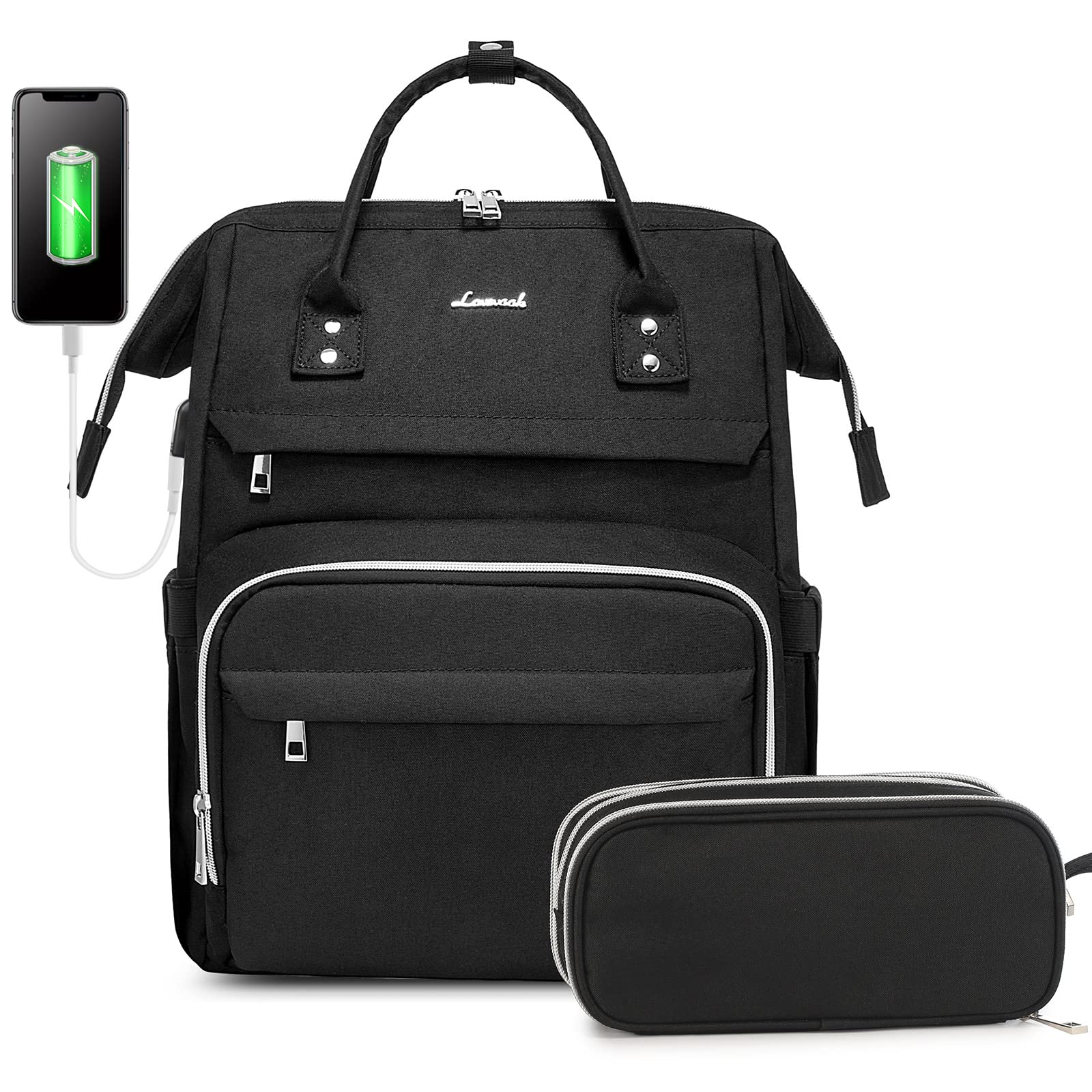 LOVEVOOK Women's 15.6 Inch Laptop Backpack - Stylish Waterproof School Backpack for College, Work & Travel - Durable Bookbag with USB Charging Port & Pen Case - Perfect for Commuting, Business Trips & Campus Life (Black)