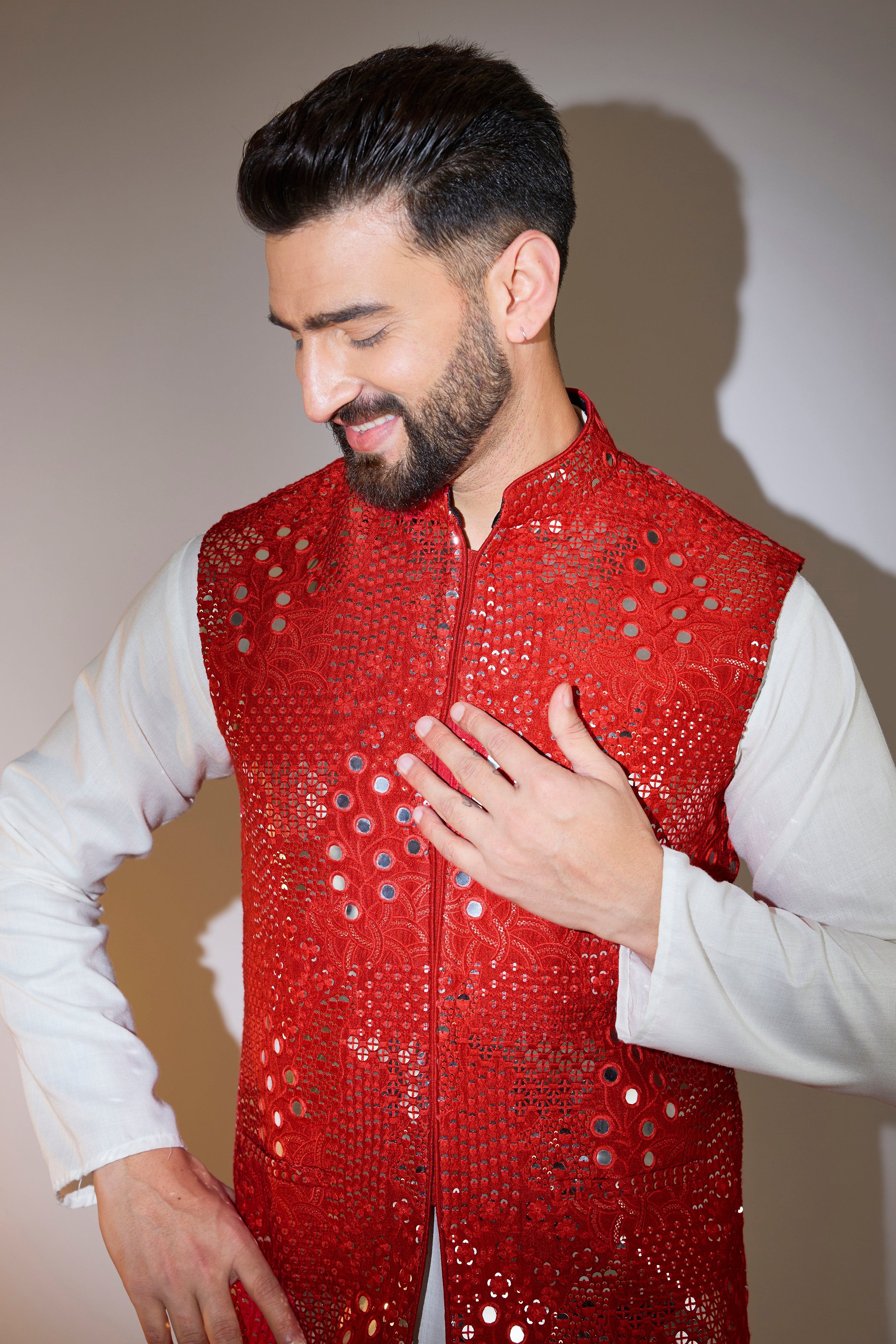 Red Mirror Work Short Jacket - Stylish Embroidered Denim Jacket for Women | Perfect for Casual Outings, Parties & Boho Fashion