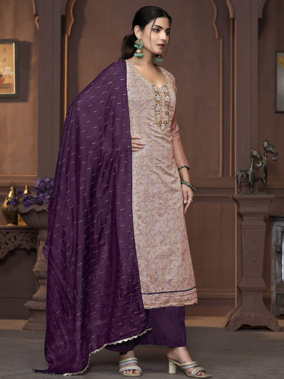 Stylish Beige Party Wear Pant Suit with Designer Print & Hand Embroidery | Elegant Women's Formal Outfit for Weddings, Cocktail Parties & Special Occasions