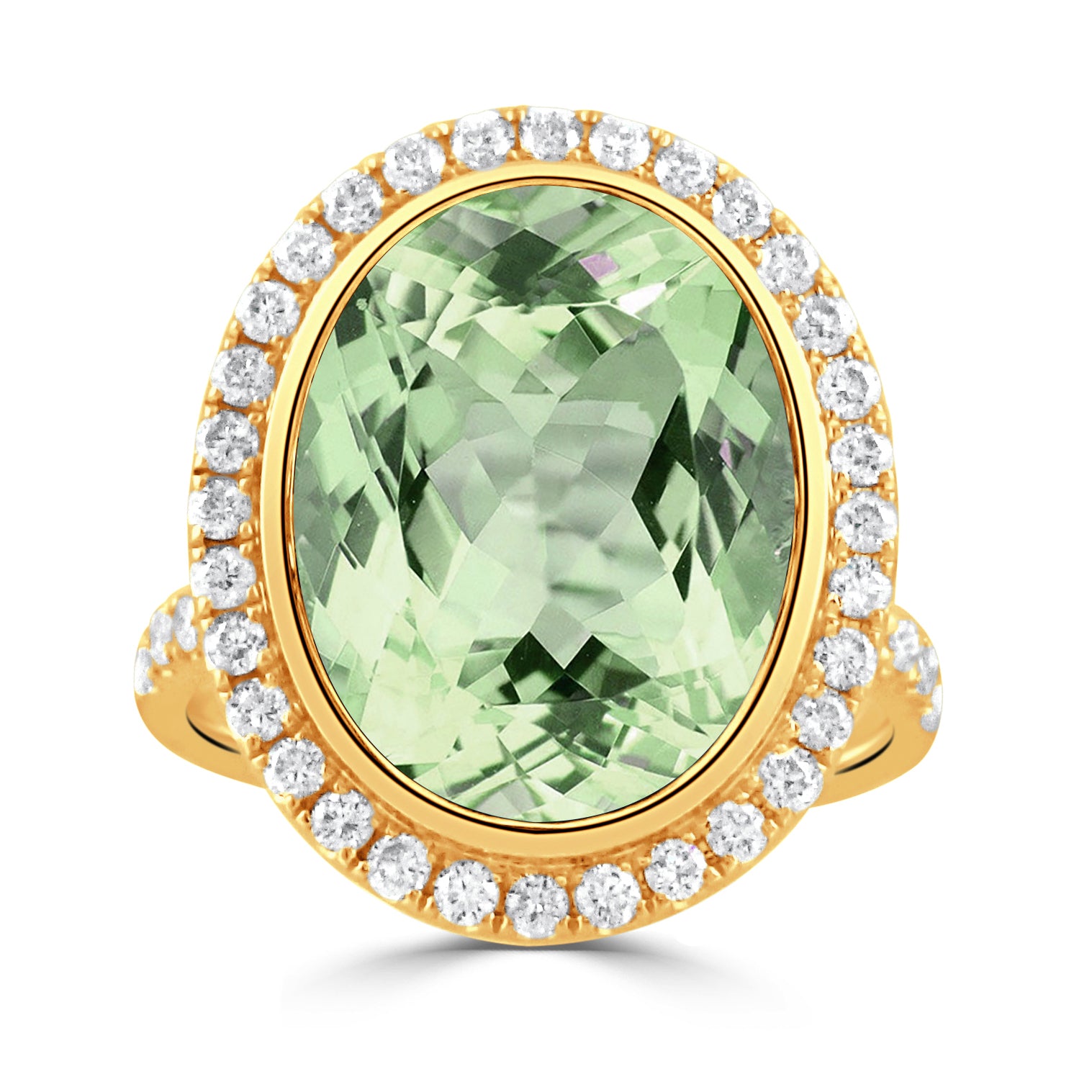 Oval Green Amethyst & Pavé Diamond Halo 18K Yellow Gold Ring for Women - Elegant Wedding, Engagement & Anniversary Jewelry Gift