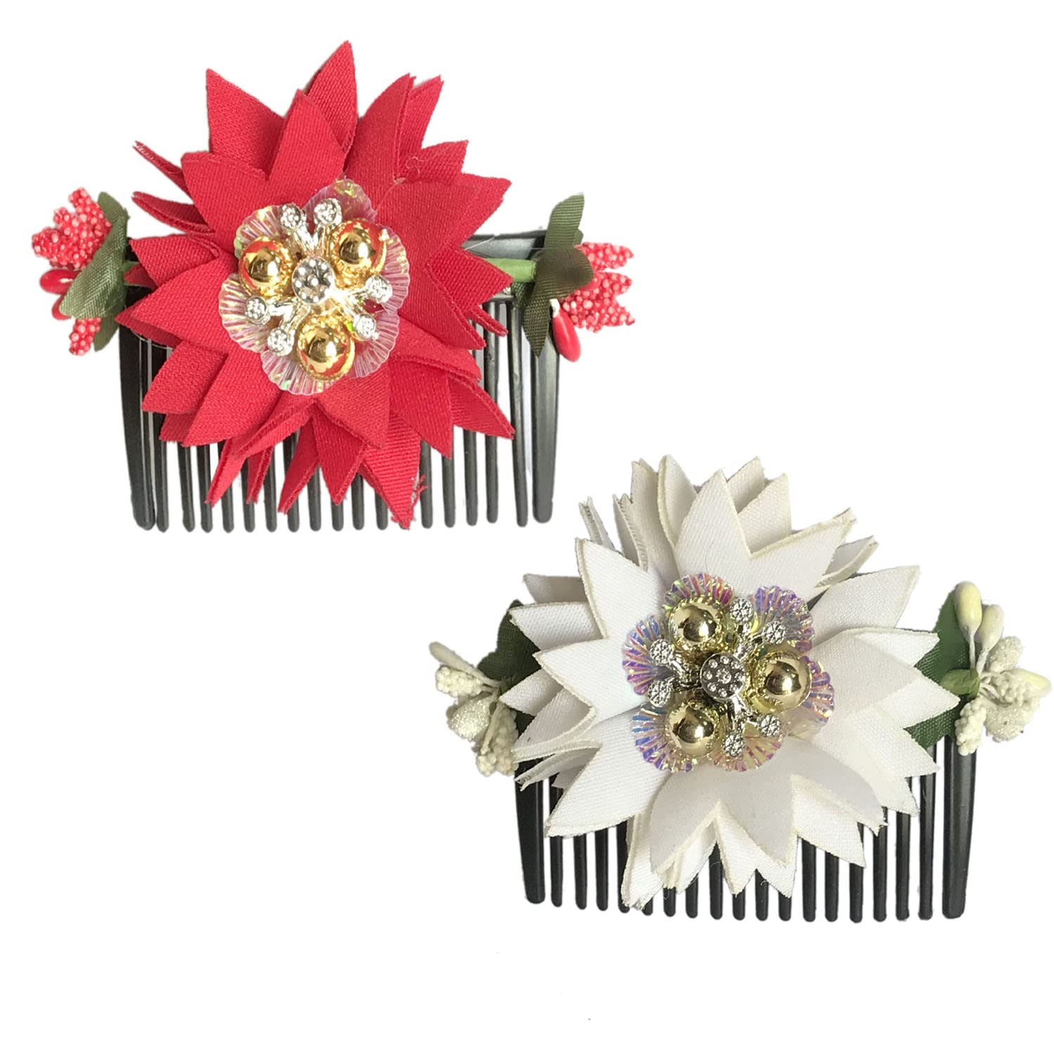 Gadinfashion™ Acrylic Hair Comb with Cloth Flower Design - 2 Pack Side Combs for Women & Girls (Red & White) - Perfect for Weddings, Parties & Everyday Hair Accessories