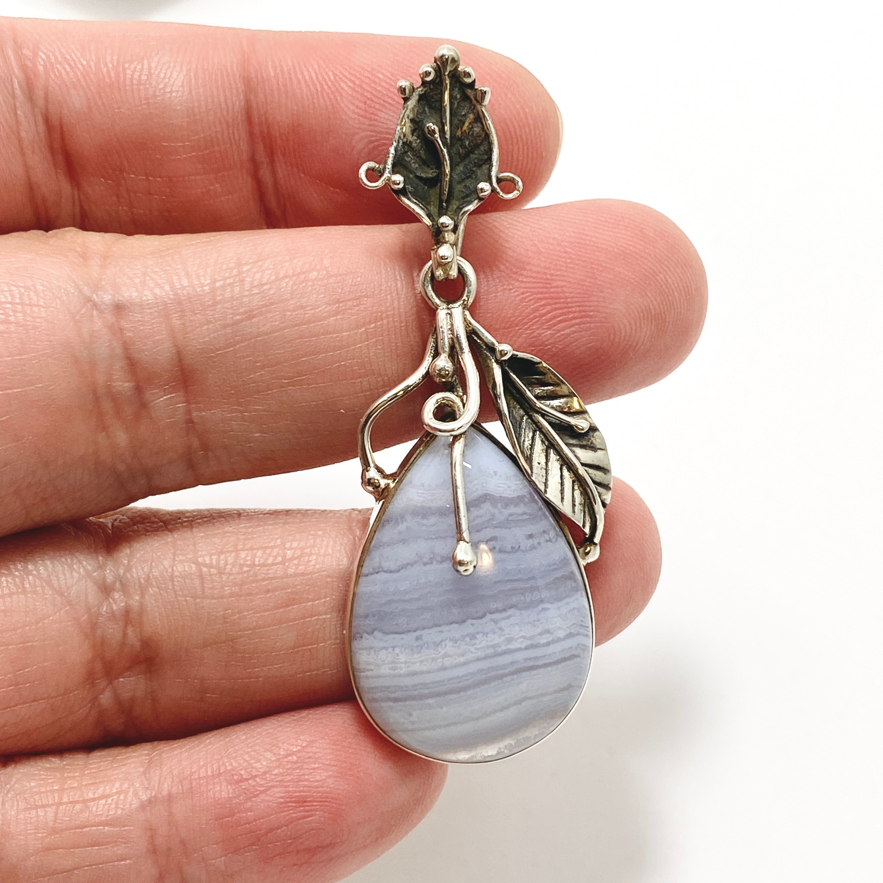 Blue Lace Agate Teardrop Cabochon Pendant Necklace - Natural Stone Jewelry with Botanical Setting PPGJ989 - Perfect for Boho Style, Meditation & Spiritual Healing