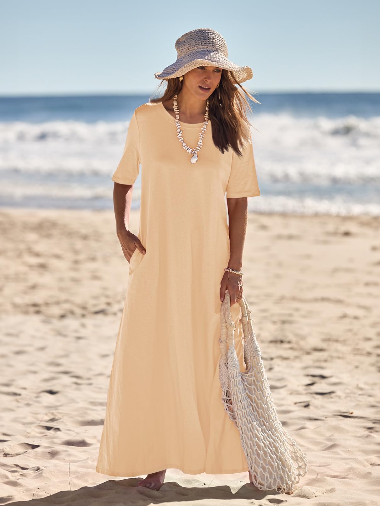 MEROKEETY Women's 2025 Spring Summer Casual Maxi Dress - Short Sleeve Crewneck Long T-Shirt Dress for Beach Vacation & Everyday Wear | Flowy Comfortable Dress for Outdoors, Travel, and Casual Outings