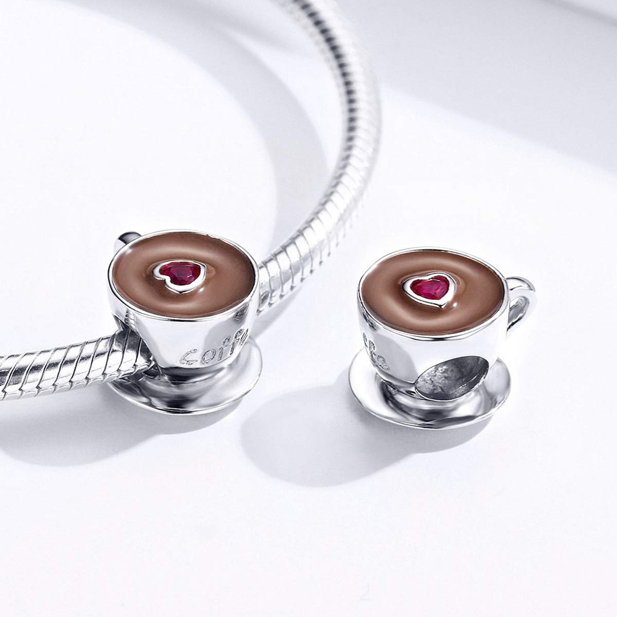 Red Heart CZ 925 Sterling Silver Coffee Charm - Wine Glass & Bracelet Bead for Women | Perfect for Gifts & Coffee Lovers