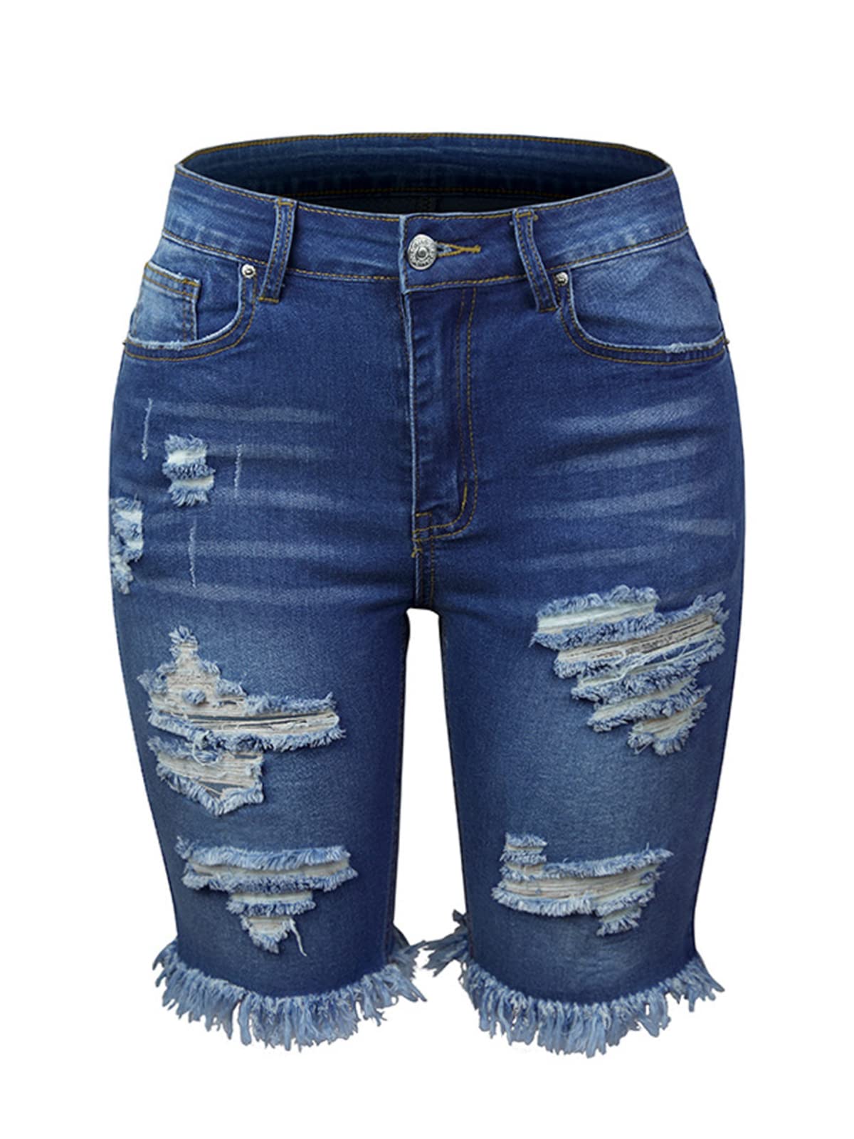 **Atditama Women's Distressed Ripped Jean Shorts - Elastic Mid High Waist Denim Shorts with Frayed Hem for Casual Wear | Perfect for Summer, Beach, and Street Style**