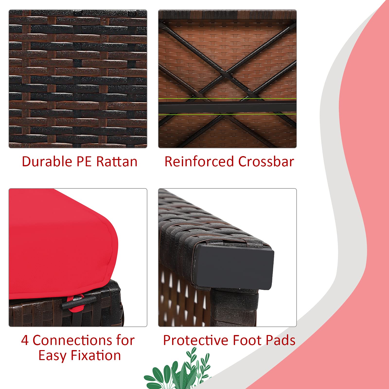 DORTALA 2-Piece Outdoor Wicker Ottoman Set with Cushions - PE Rattan Footrest Stool for Patio, Garden, Poolside, Living Room - Perfect for Relaxing, Lounging & Decor (Red)