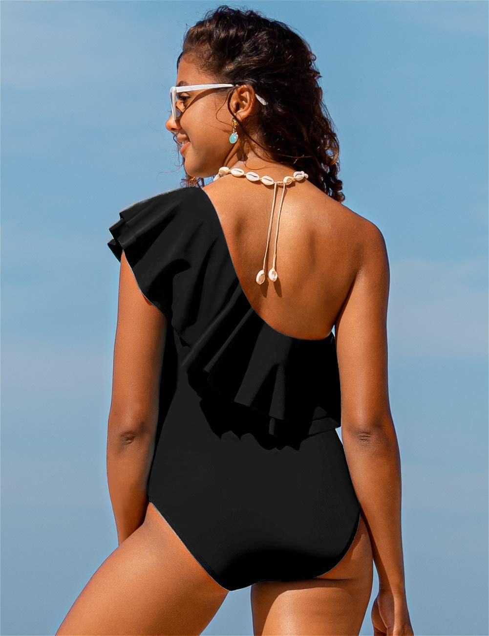 Hilor Women's One Shoulder Asymmetric One Piece Swimsuit with Ruffles - Sexy Bathing Suit for Beach, Pool Party & Summer Vacation