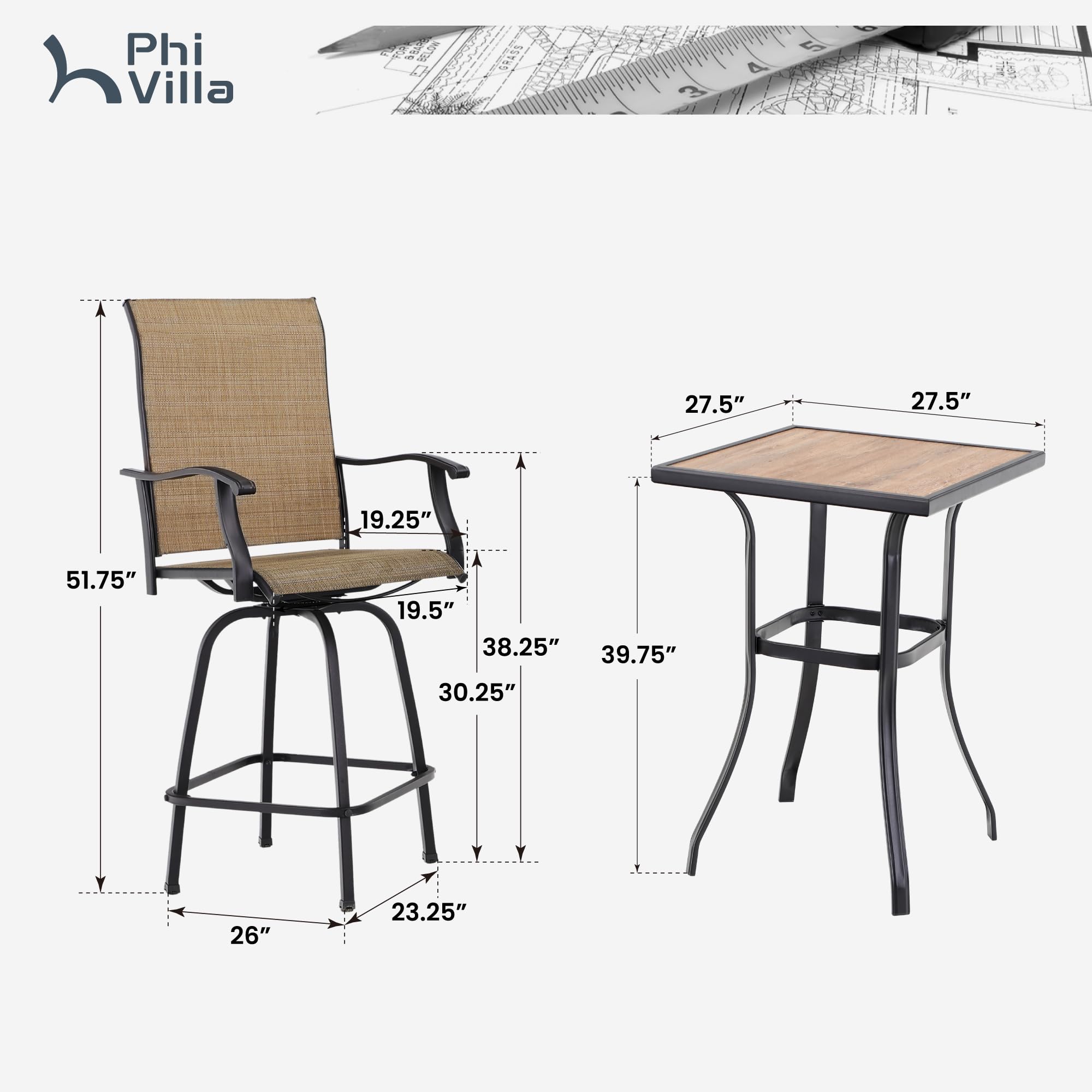PHI VILLA 5-Piece Outdoor Swivel Bar Set with Table and 4 Bar Stools - Patio Furniture for Backyard, Poolside & Garden Relaxation