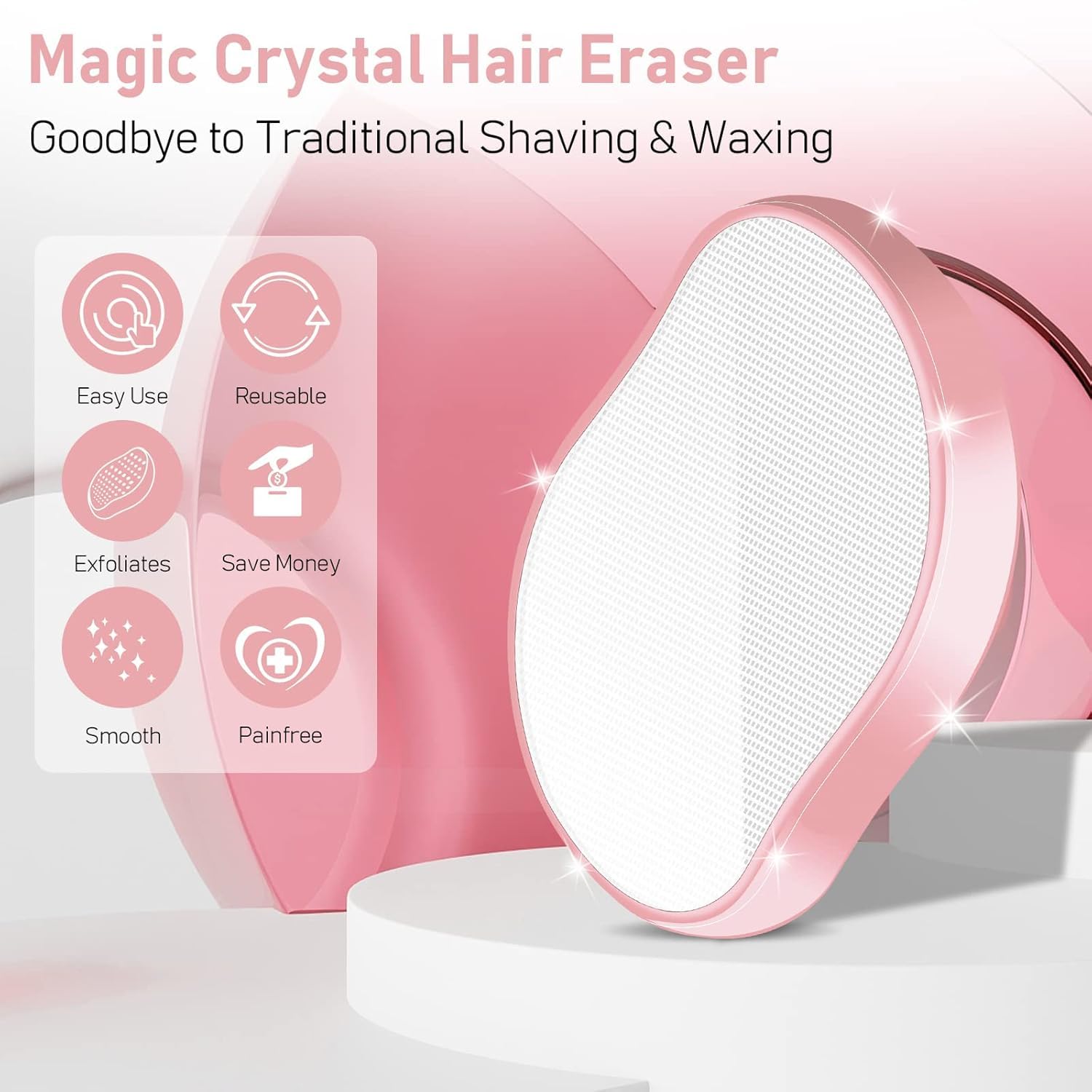 Crystal Hair Eraser for Women & Men - Reusable Painless Hair Removal Tool for Back, Arms, Legs | Exfoliating Magic Hair Remover | Perfect for Smooth Skin at Home, Salon & Travel (Pink)
