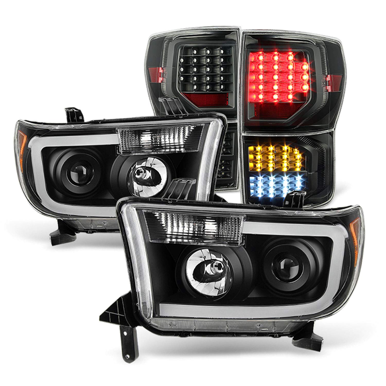 AKKON LED Headlights and Tail Lights for 2007-2013 Toyota Tundra - Black Projector Headlamps & Full LED Brake Lights Pair (Left+Right) - Upgrade Your Truck's Style & Night Visibility for Off-Roading & Daily Driving