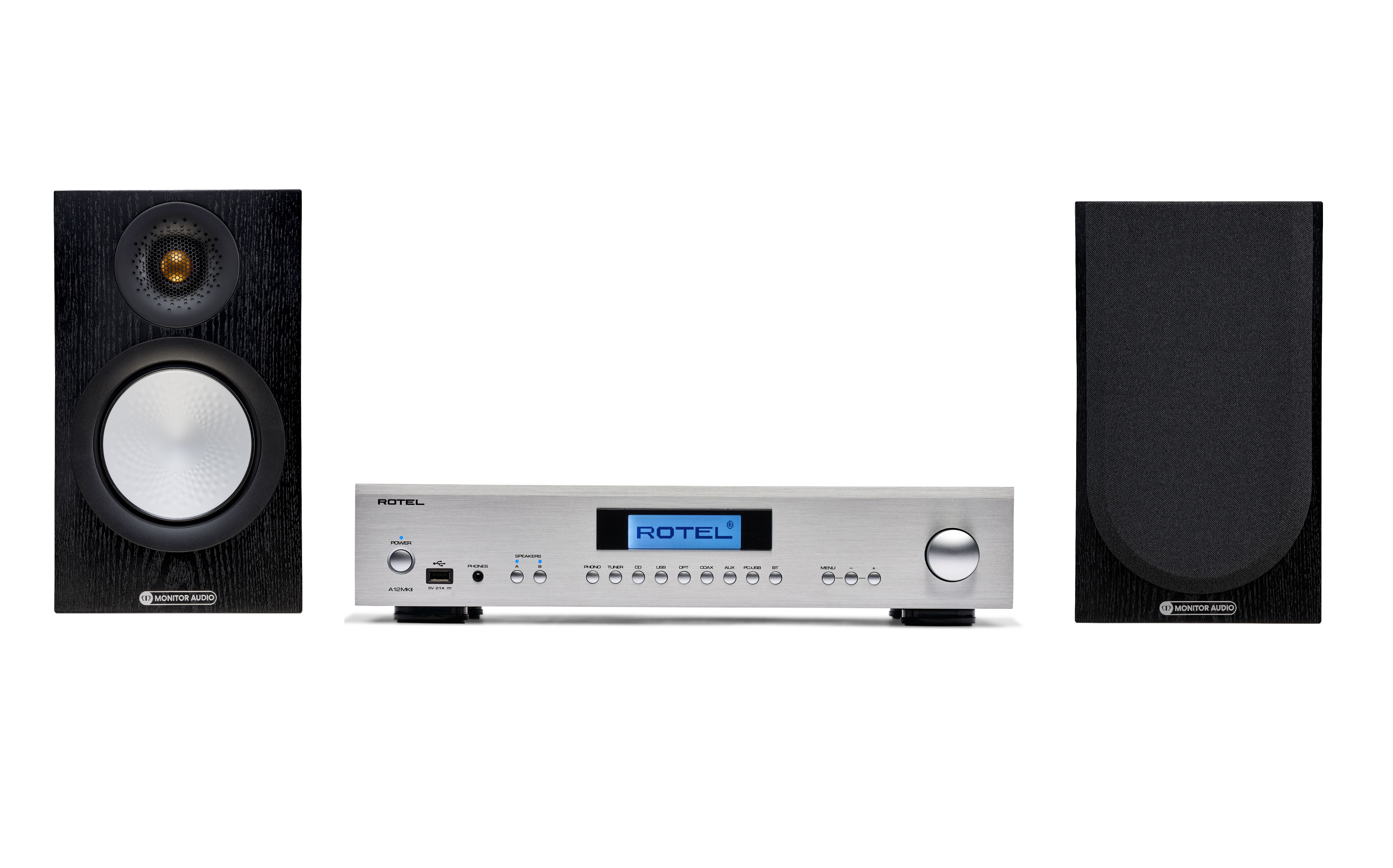 Rotel A12 Integrated Amplifier & Monitor Audio Silver 50 Bookshelf Speakers - HiFi Stereo System for Home Theater, Music Listening, and Audiophile Setup