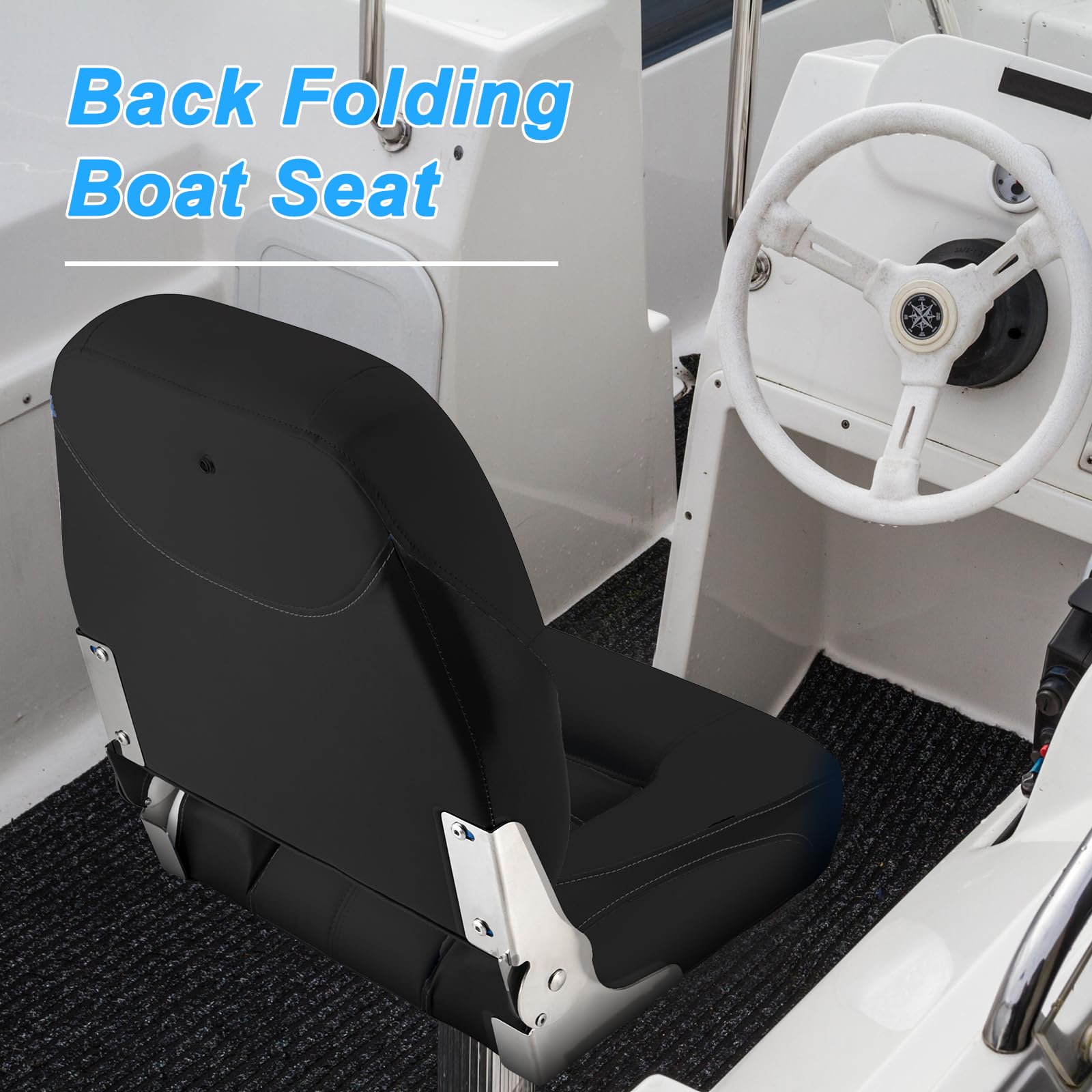 2 Pack Low Back Folding Boat Seats - Waterproof Microfiber Leather Fishing Chairs with Stainless Steel Hinges & Screws (Black) - Perfect for Fishing Boats, Yachts, and Marine Use