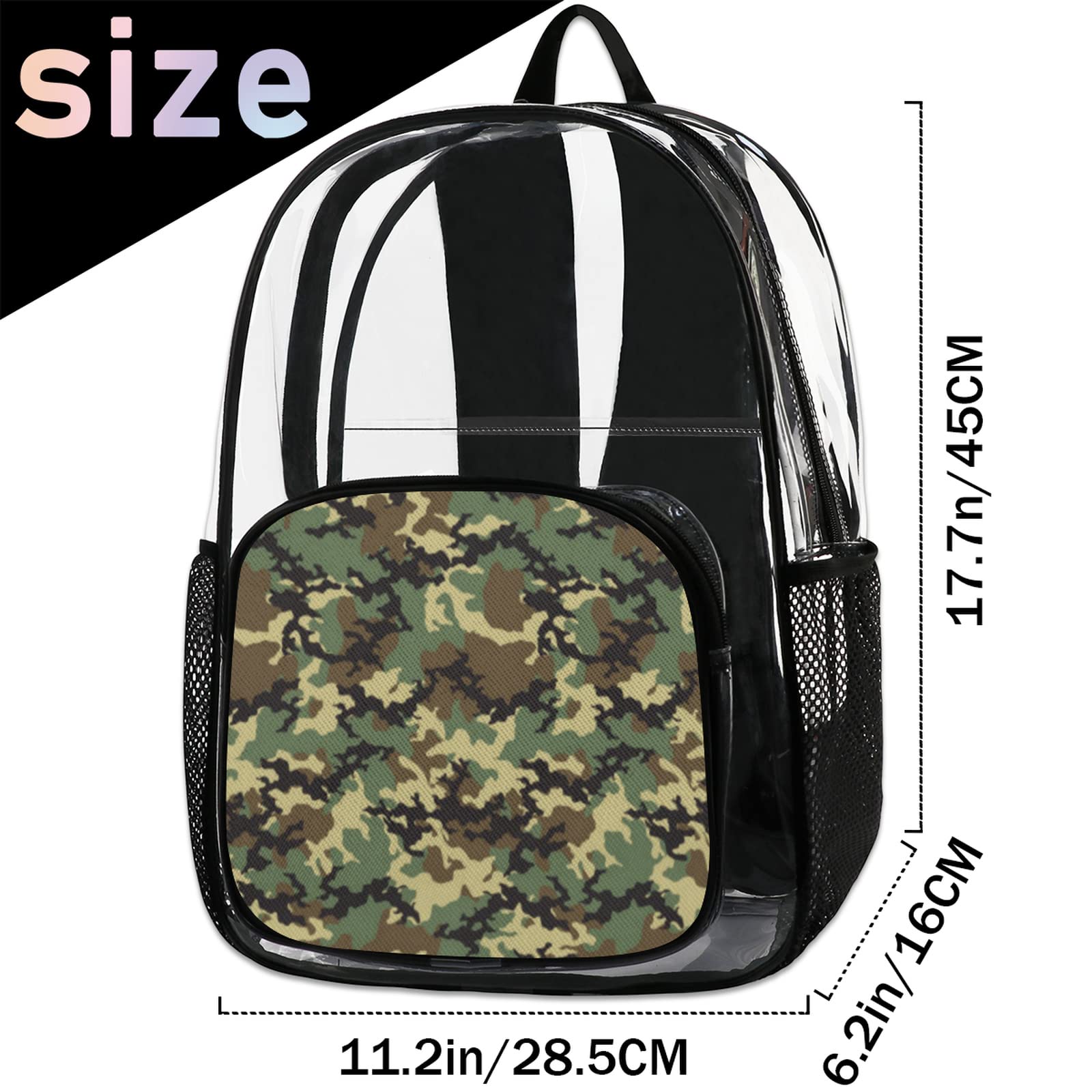 Pardick Heavy Duty PVC Clear Backpack with Army Camouflage Print - Large Transparent School Backpack for Work, Security, Travel - Durable Clear Bags for Women, Men, Girls & Boys (Perfect for School, Concerts, Stadiums & Airport Security)