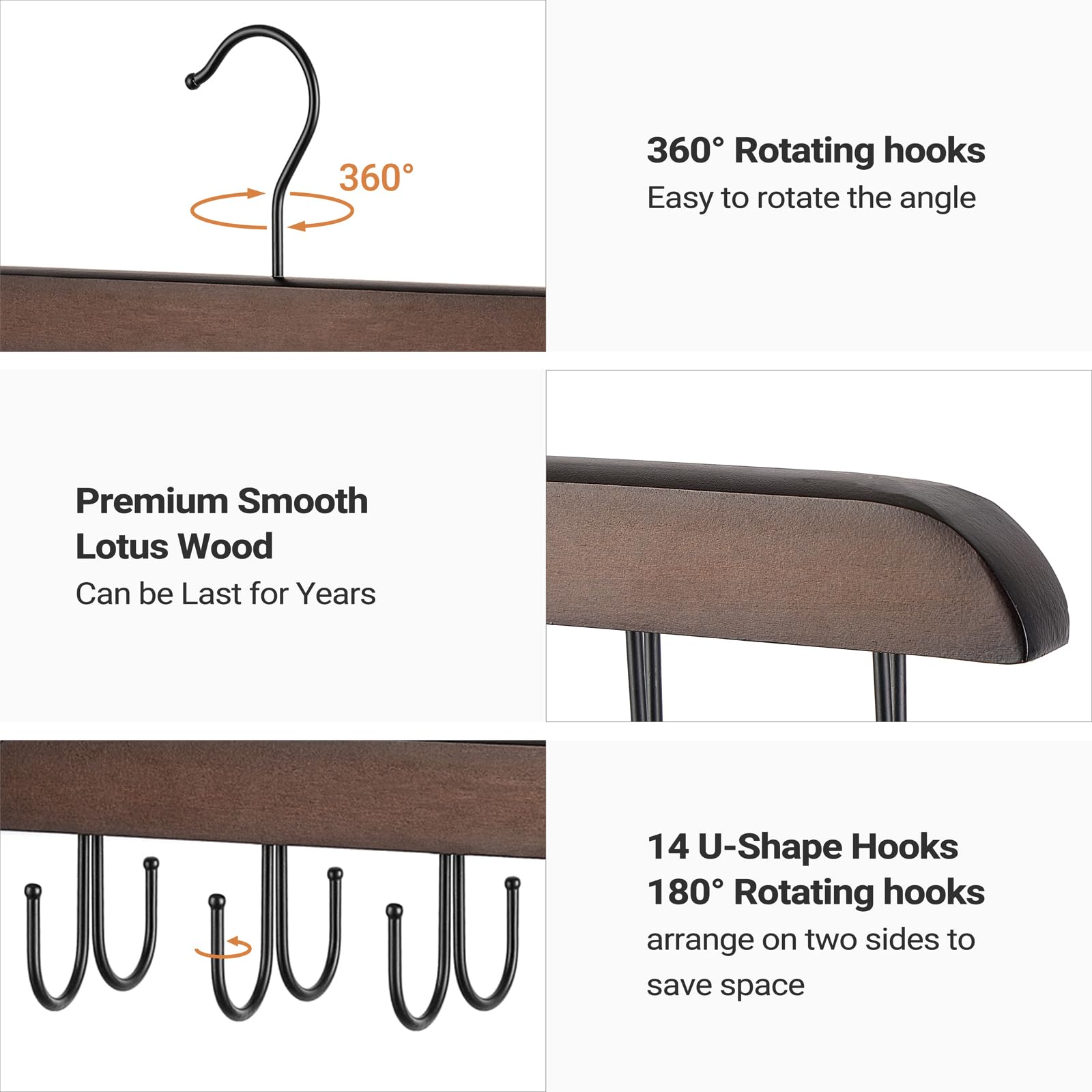 Mkono 14-Hook Wooden Bra Hanger - 360° Rotating Closet Organizer for Tank Tops, Belts, Sports Bras, Ties & Scarves | Space Saving Storage Solution for Home, Apartment & Dorm | Perfect for Small Closets, Laundry Rooms & Travel Organization