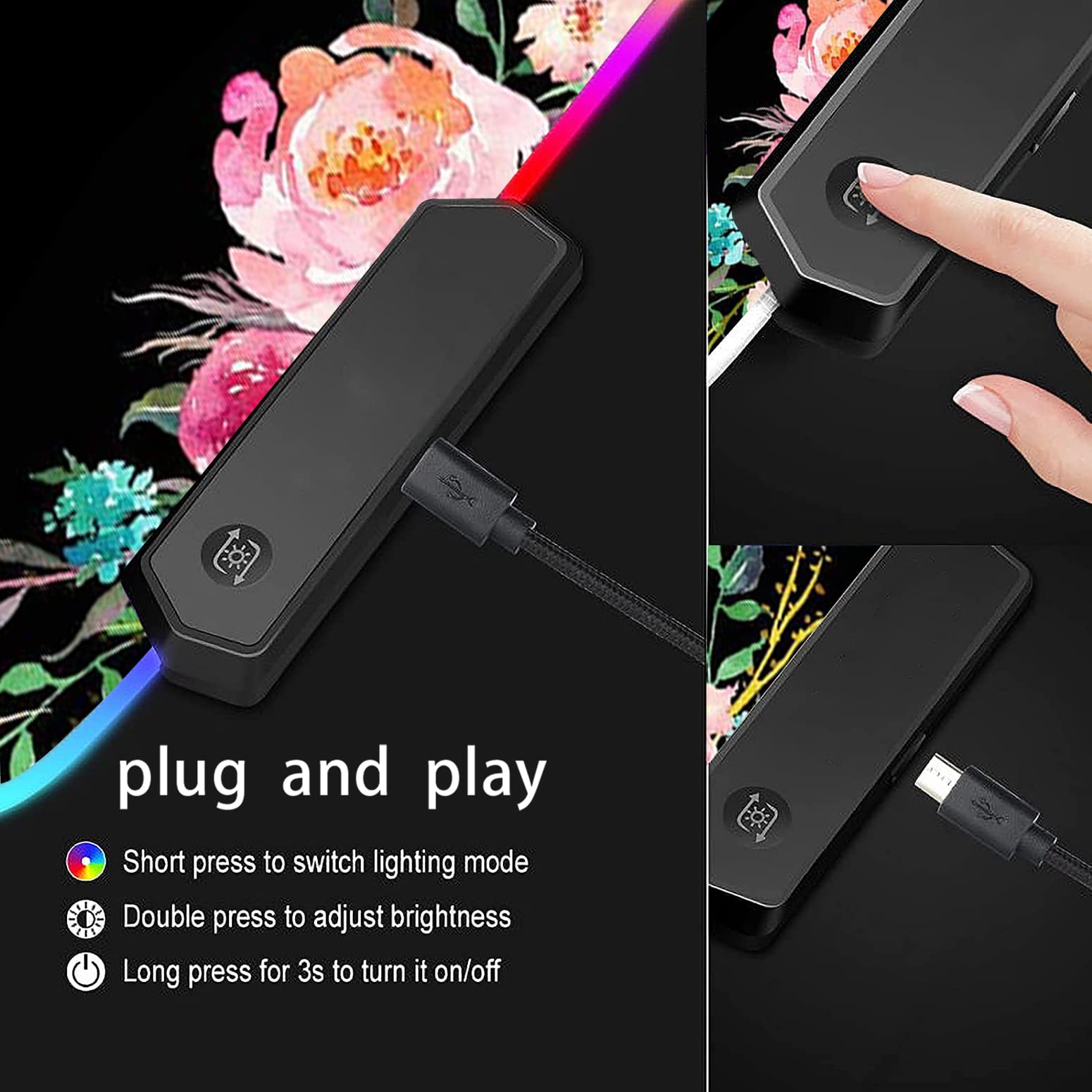 RGB Gaming Mouse Pad - Large LED Light-Up Desk Mat with Non-Slip Waterproof Surface | Floral Design for Gamers & Dog Lovers | Perfect for PC Gaming, Office Work & Home Decor