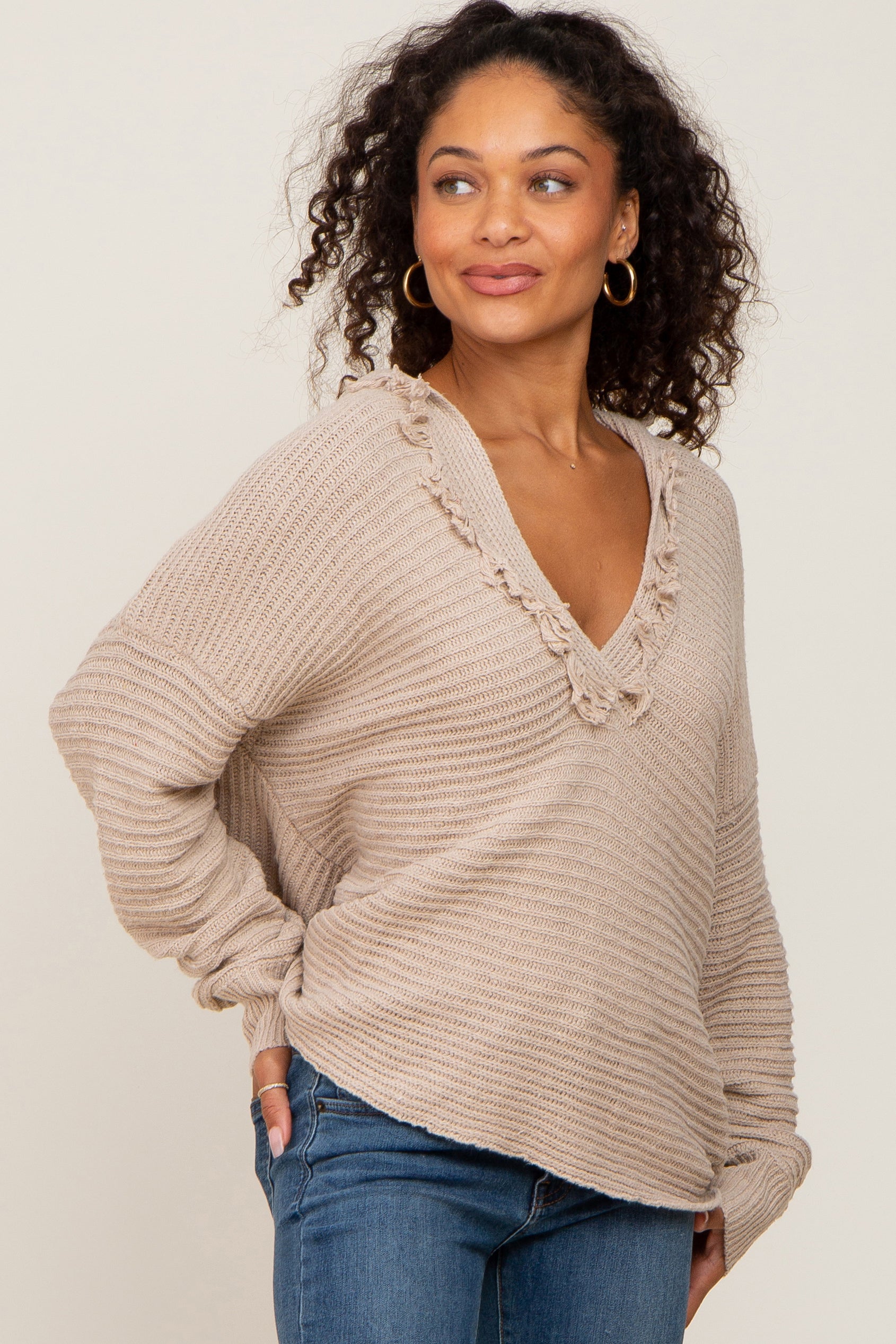 Beige Fringe Trim Rib Knit Maternity Hoodie for Pregnant Women - Soft Stretchy Comfortable Nursing Sweatshirt - Perfect for Pregnancy, Breastfeeding & Casual Wear