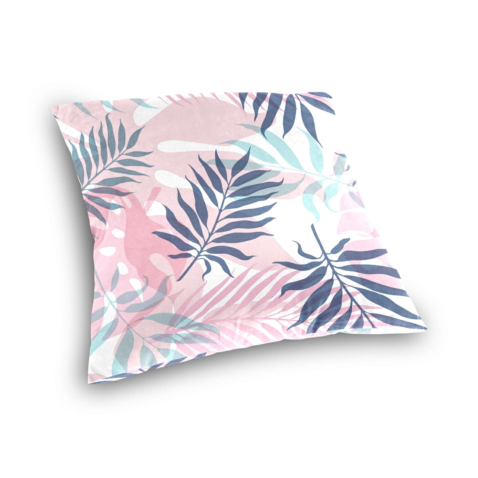 Dark Blue & Pink Tropical Palm Leaf Cotton Velvet Throw Pillow - 16x16 Inch Soft Breathable Cushion Cover for Bed, Couch & Car - Perfect for Home Decor, Living Room Accent & Cozy Comfort